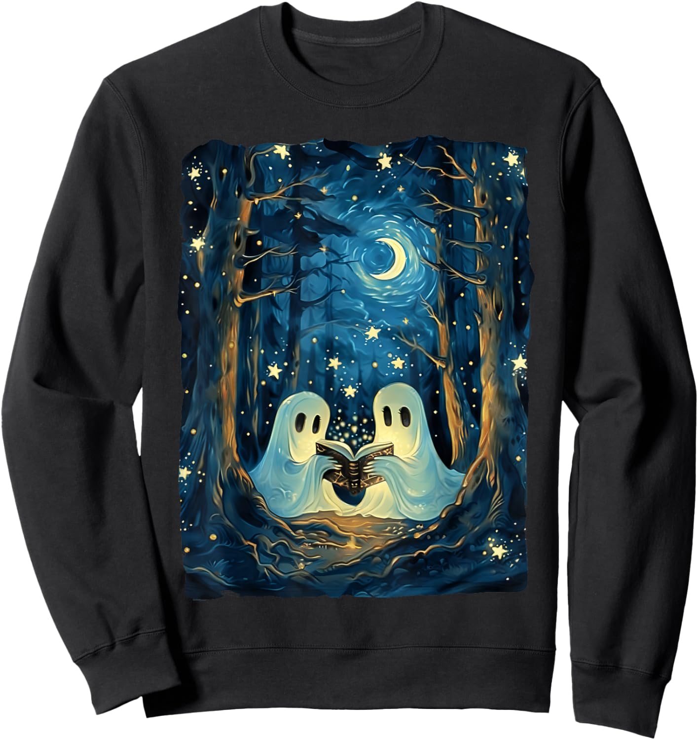 Starry Night Ghost Book Reading Camping Halloween Van Gogh Sweatshirt - Sweatshirt | Black