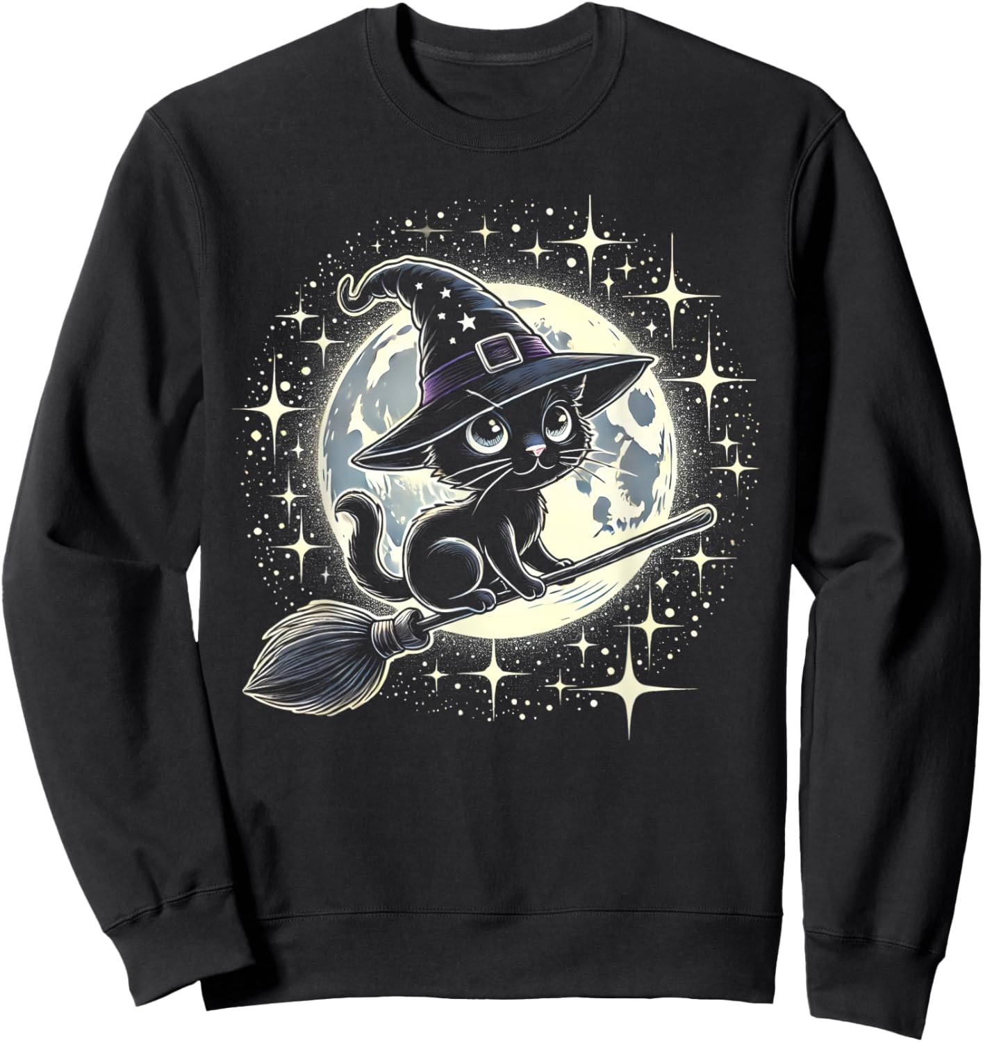 Witchy Black Cat on a Broomstick with Full Moon Halloween Sweatshirt - Sweatshirt | Black