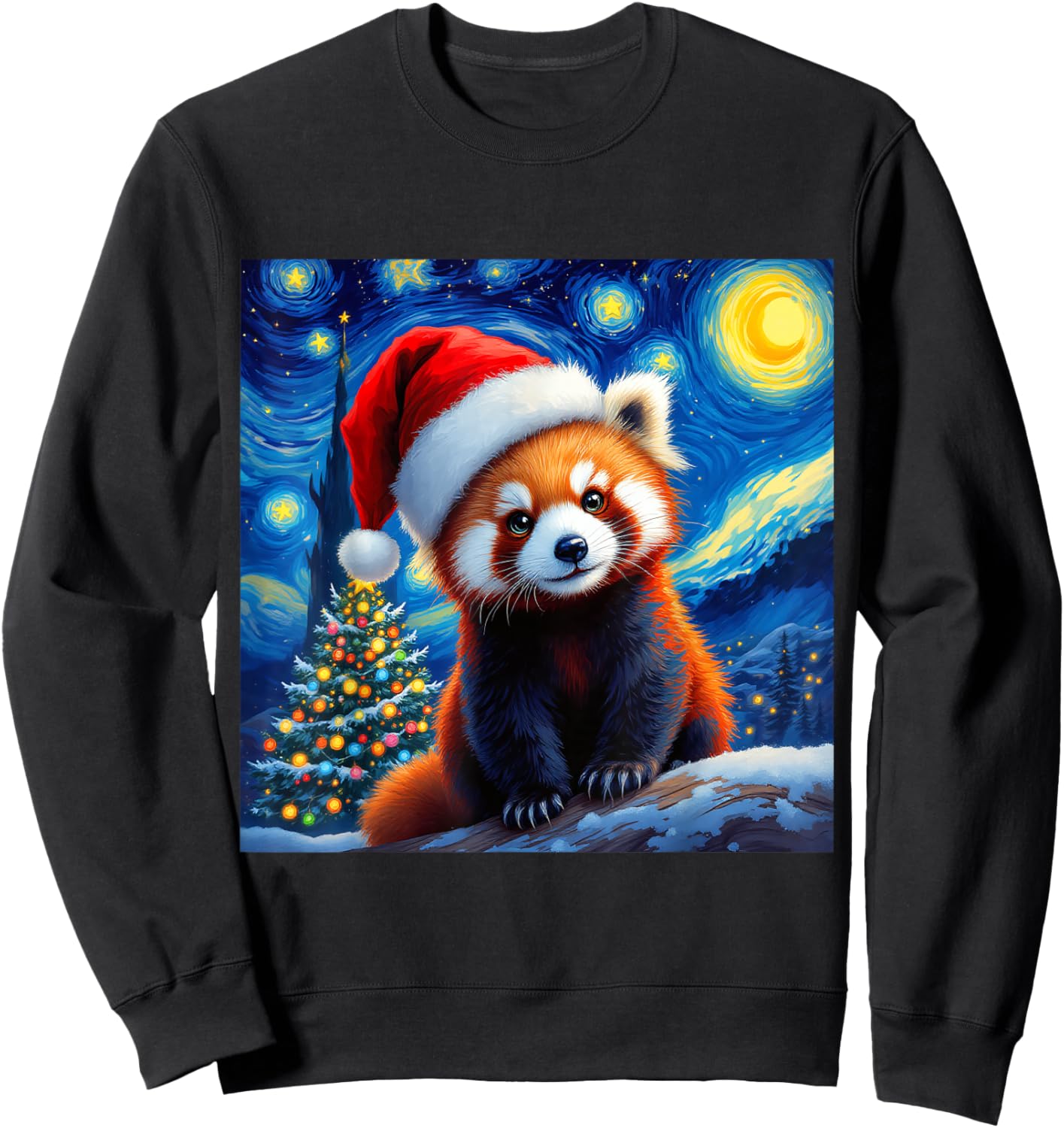 Christmas Red Panda Santa Hat Van Gogh Starry Night Holiday Sweatshirt - Sweatshirt | Black