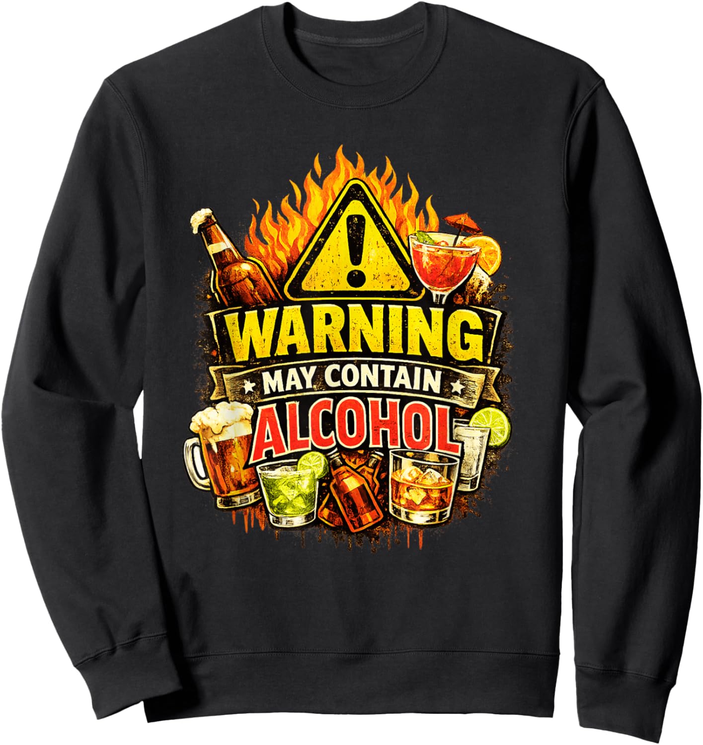 Warning May Contain Alcohol Funny Bar Crawl Party Design Sweatshirt - Sweatshirt | Black