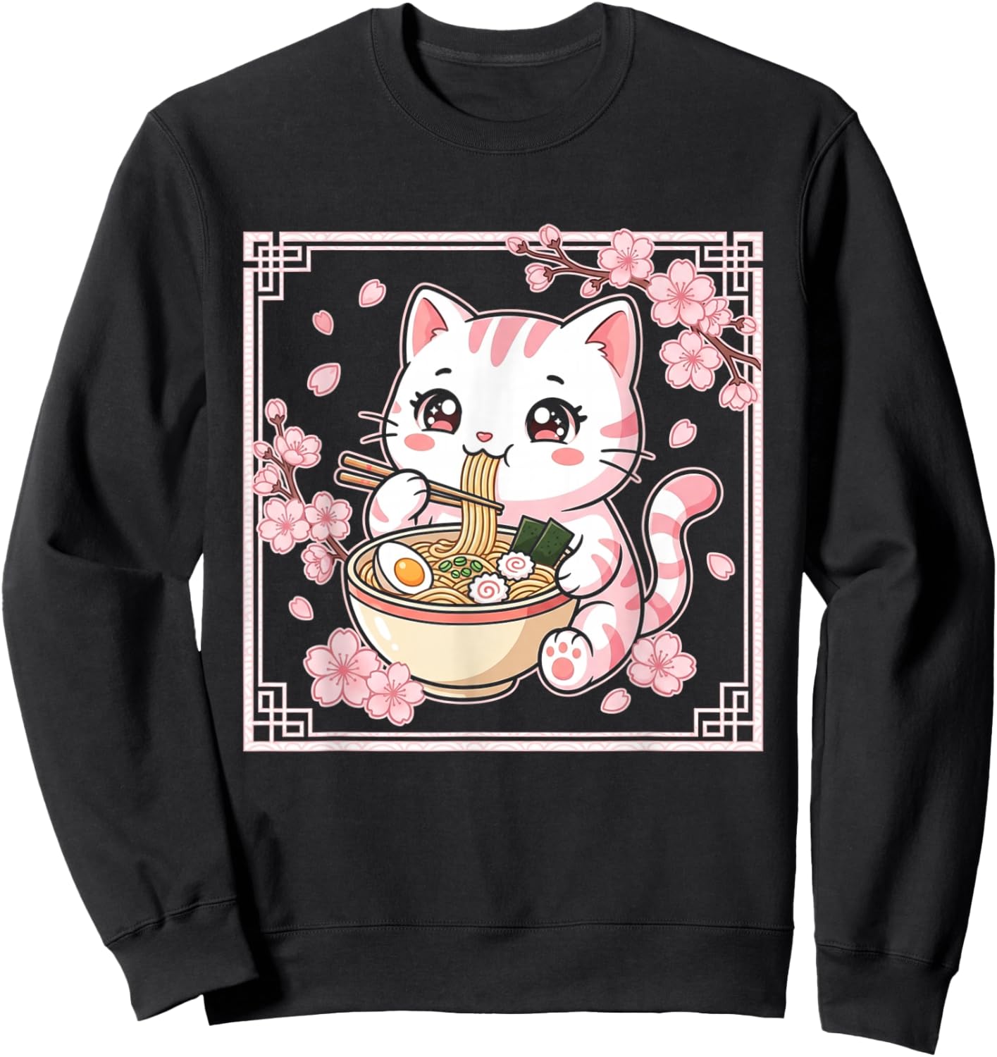 Kawaii Cat Ramen Anime Japanese Cherry Blossom Women Girls Sweatshirt - Sweatshirt | Black