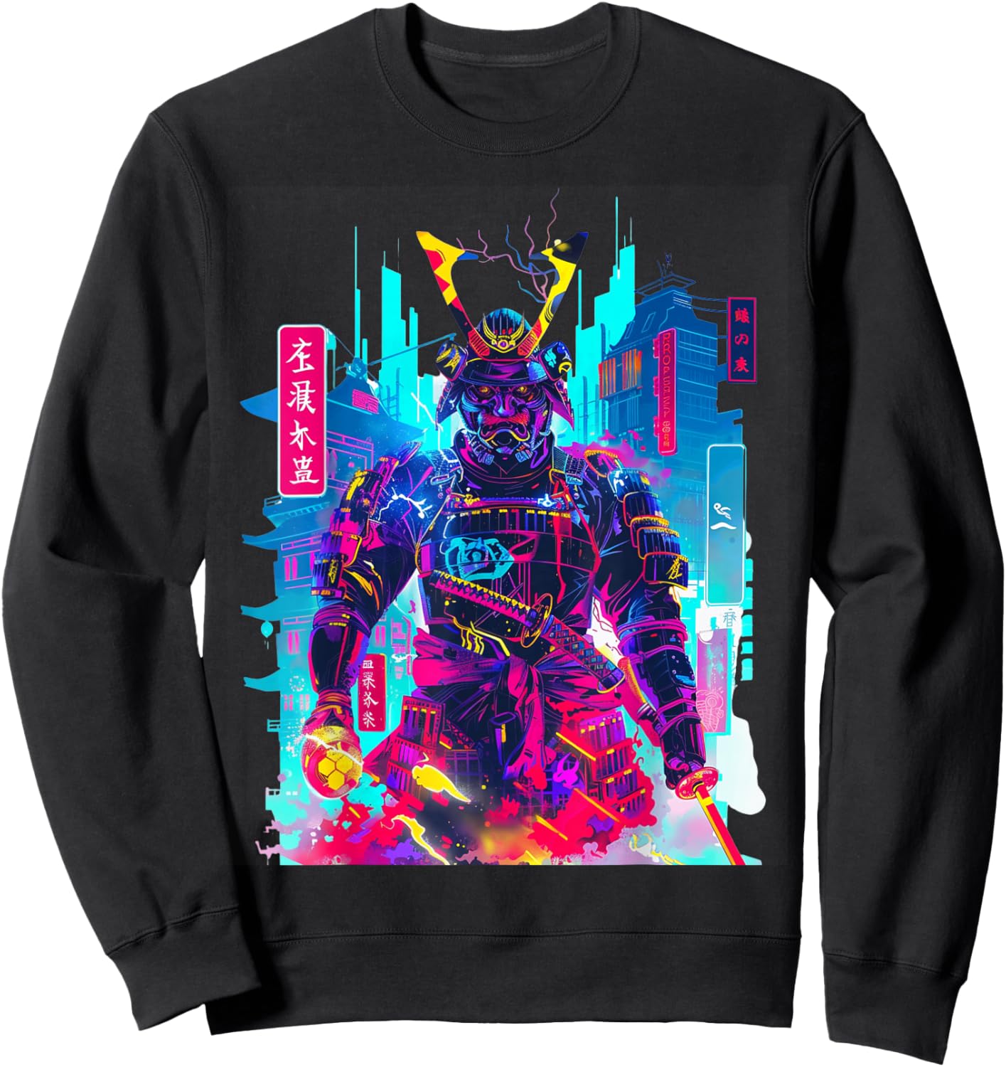 Cyberpunk Neon Samurai Japanese Art Sweatshirt - Sweatshirt | Black