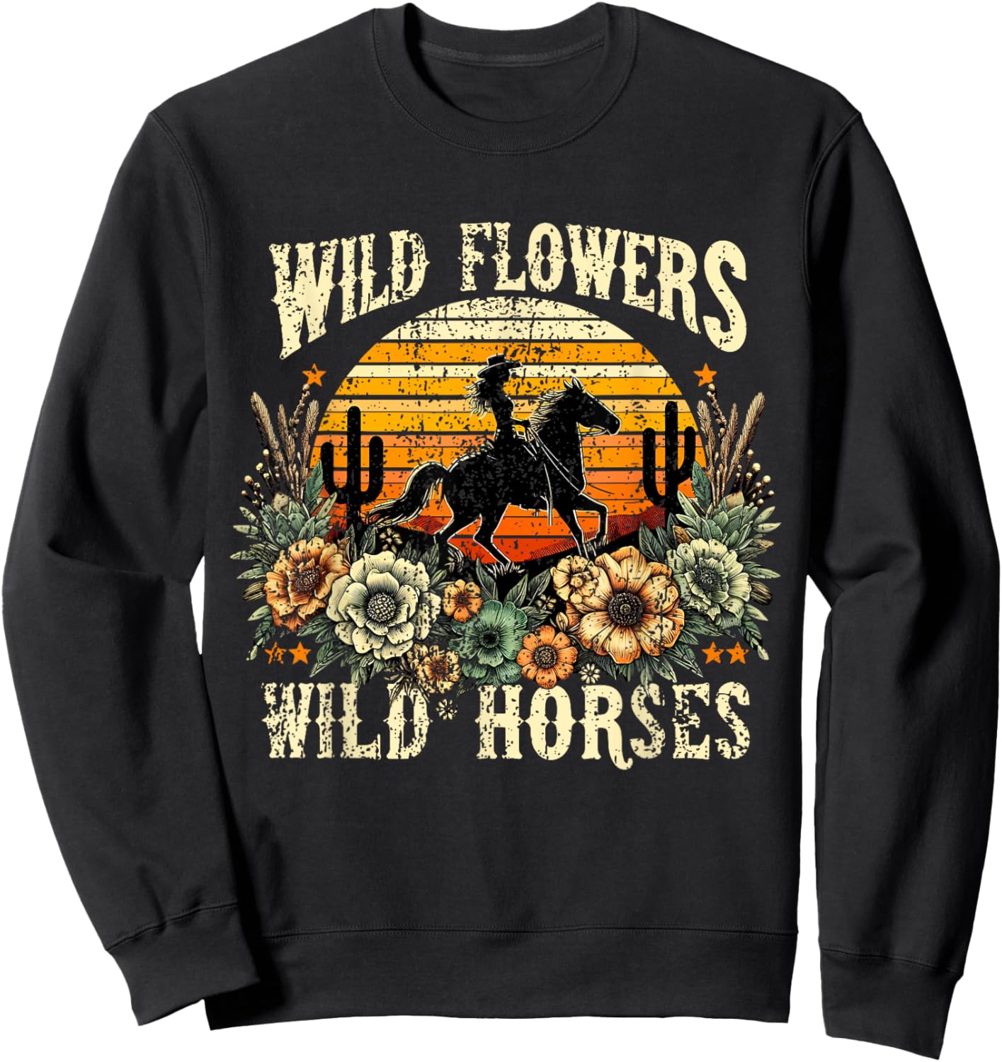 Retro Cowgirl Wild Flowers - Wild Horses Vintage Style Sweatshirt - Sweatshirt | Black