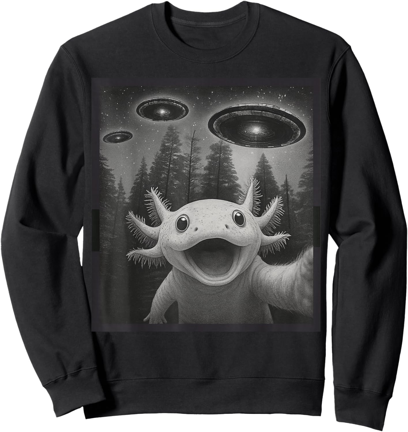 Funny Axolotl Selfie Alien UFO Gifts Women Boy Kid Sweatshirt - Sweatshirt | Black