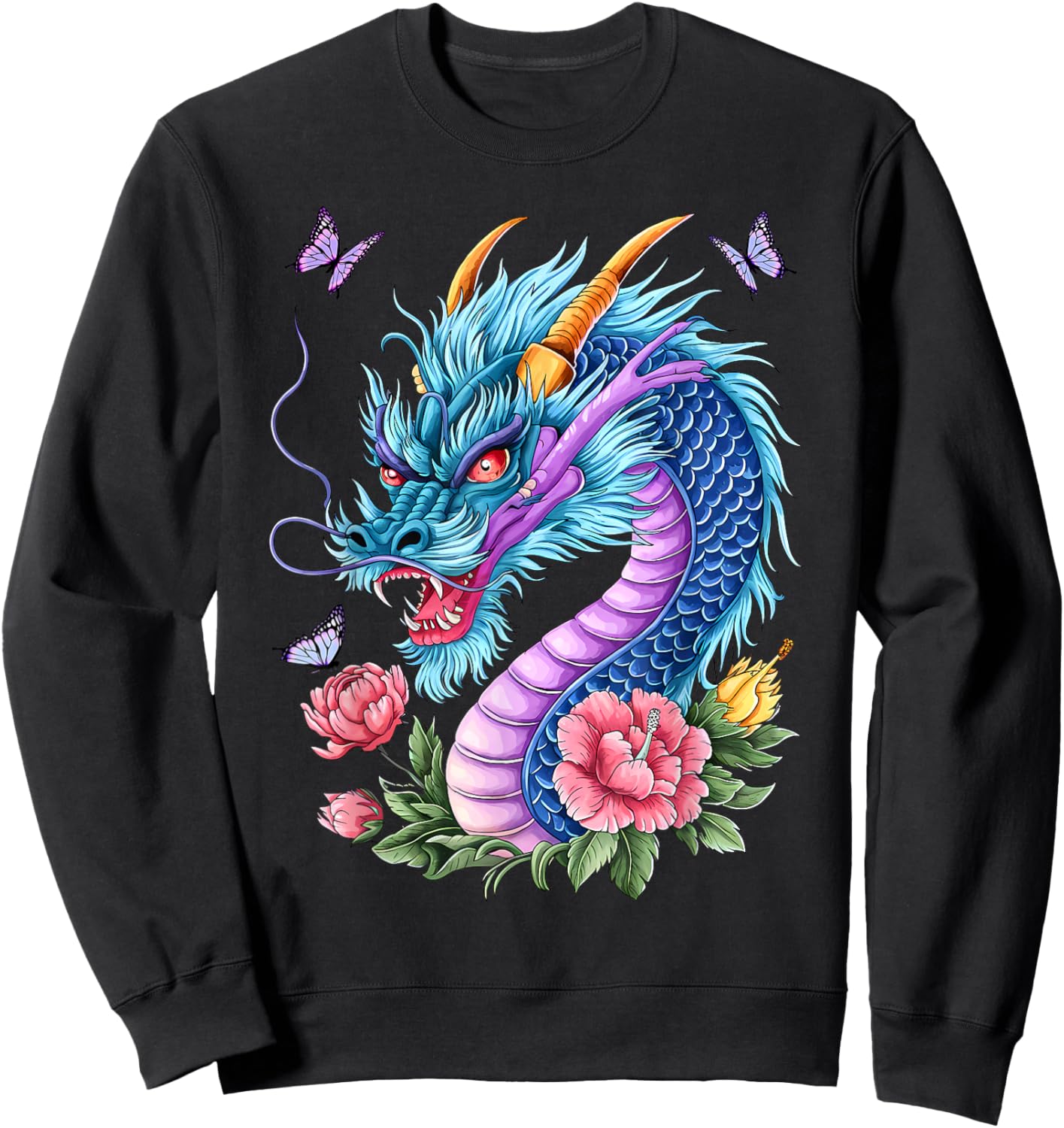 Watercolor Dragon Flowers Beautiful Art Colorful Graphic Sweatshirt - Sweatshirt | Black