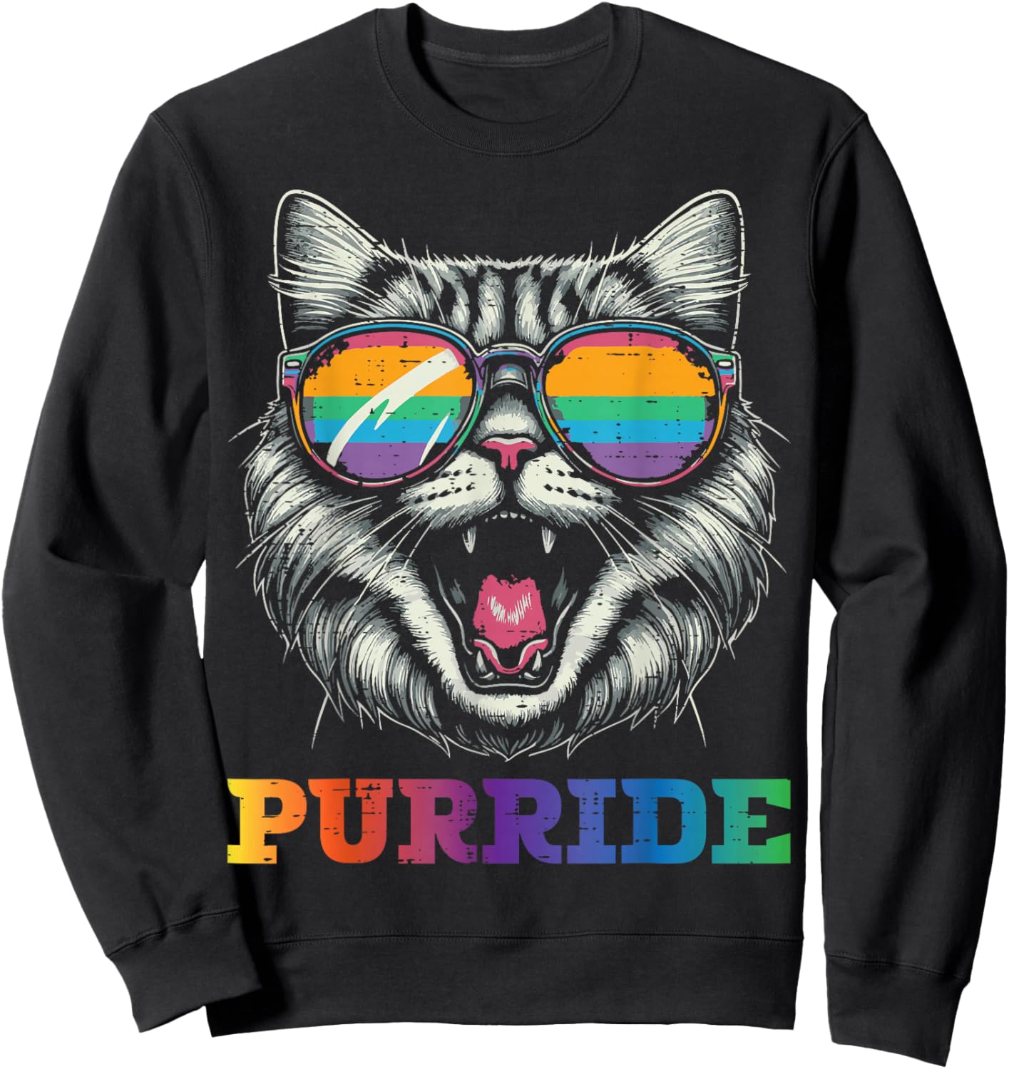 Gay Pride Month Purride Cat LGBTQ Ally Rainbow Men Women Sweatshirt - Sweatshirt | Black