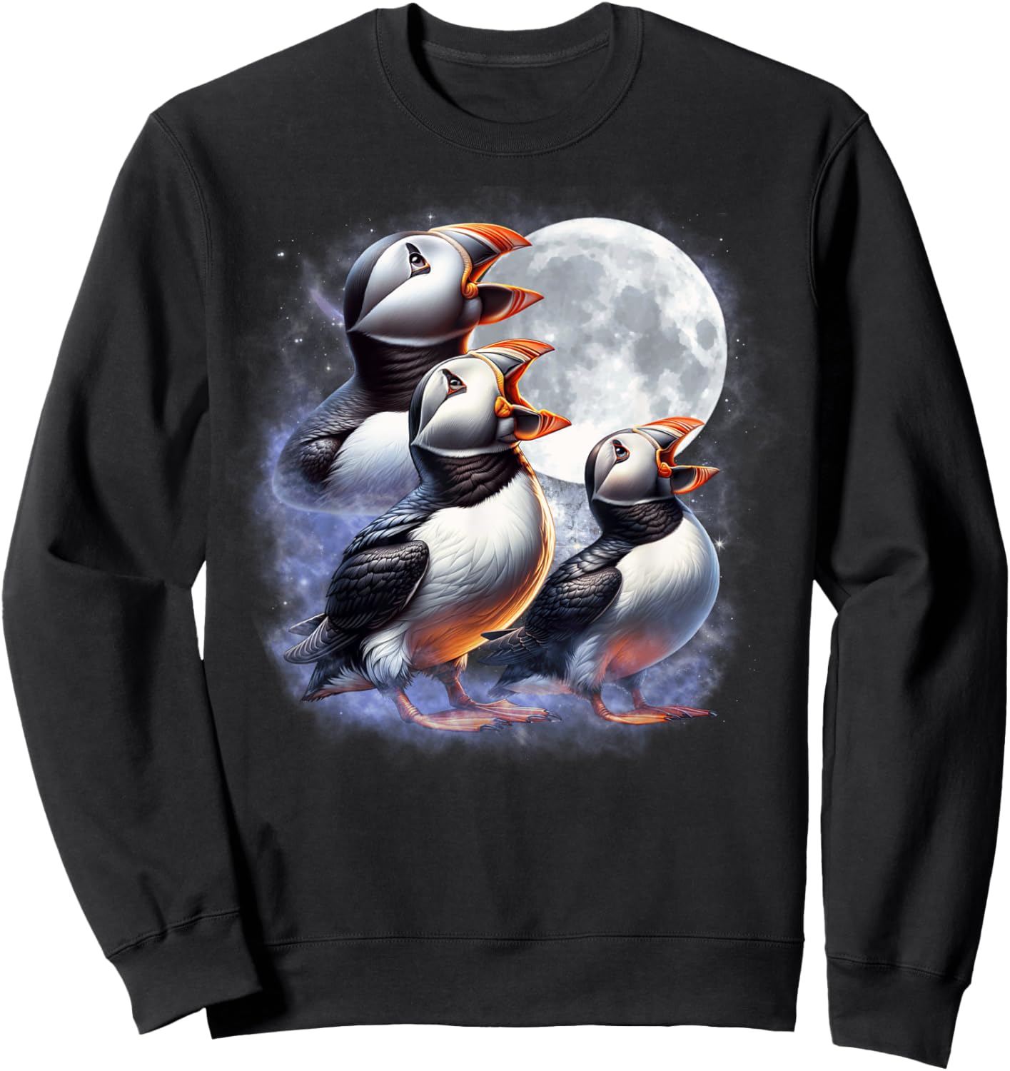 Three Puffins Moon Funny Puffin Howling Wolfs Moon Parody Sweatshirt - Sweatshirt | Black