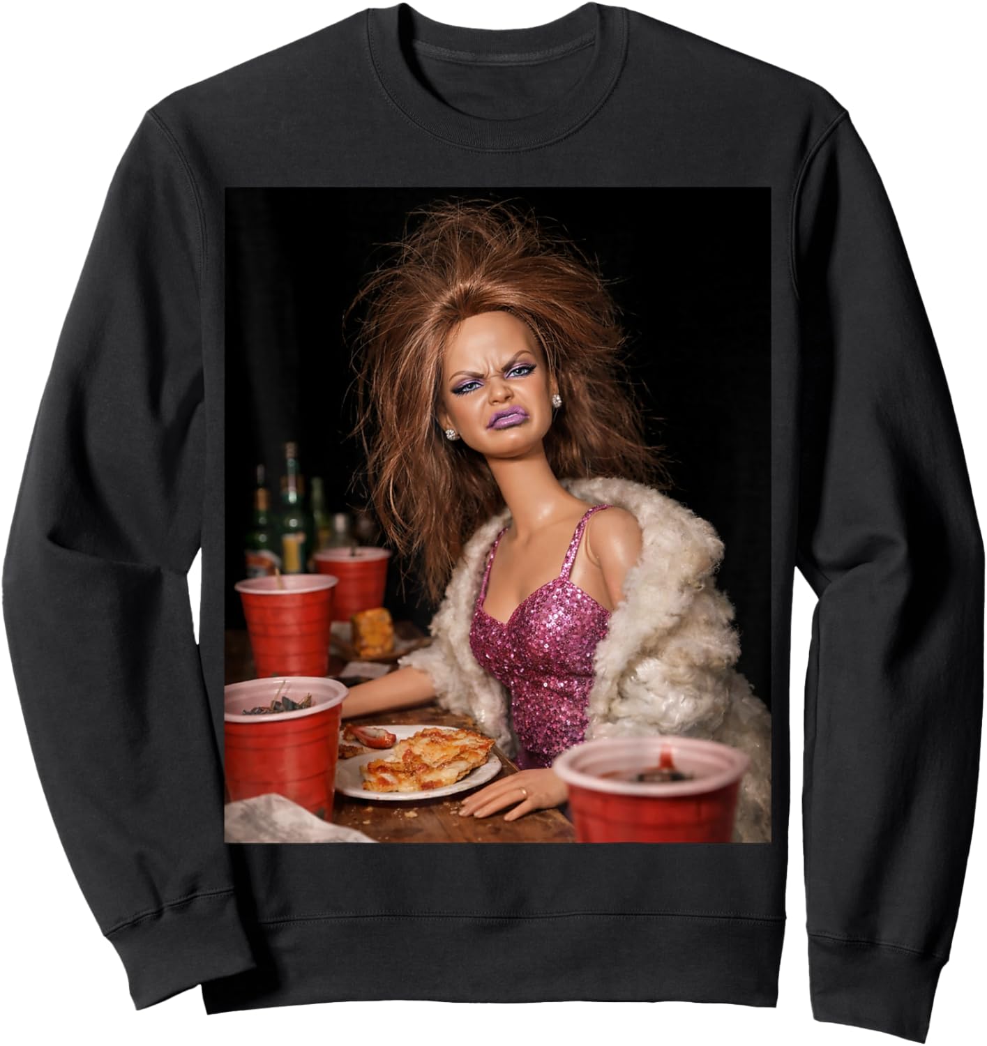 Funny Distressed Party Doll Face Meme Sweatshirt - Sweatshirt | Black