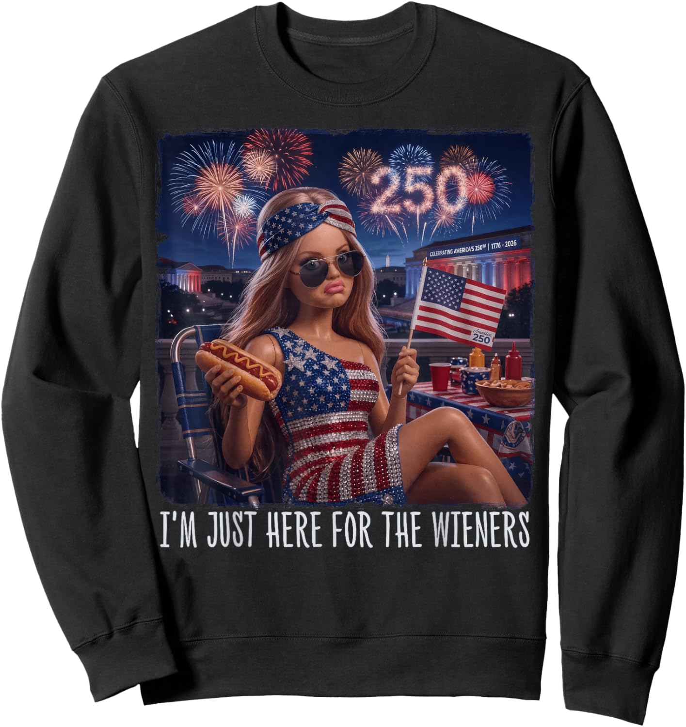 Just Here for The Wieners Funny 4th of July Girl Face Meme Sweatshirt - Sweatshirt | Black