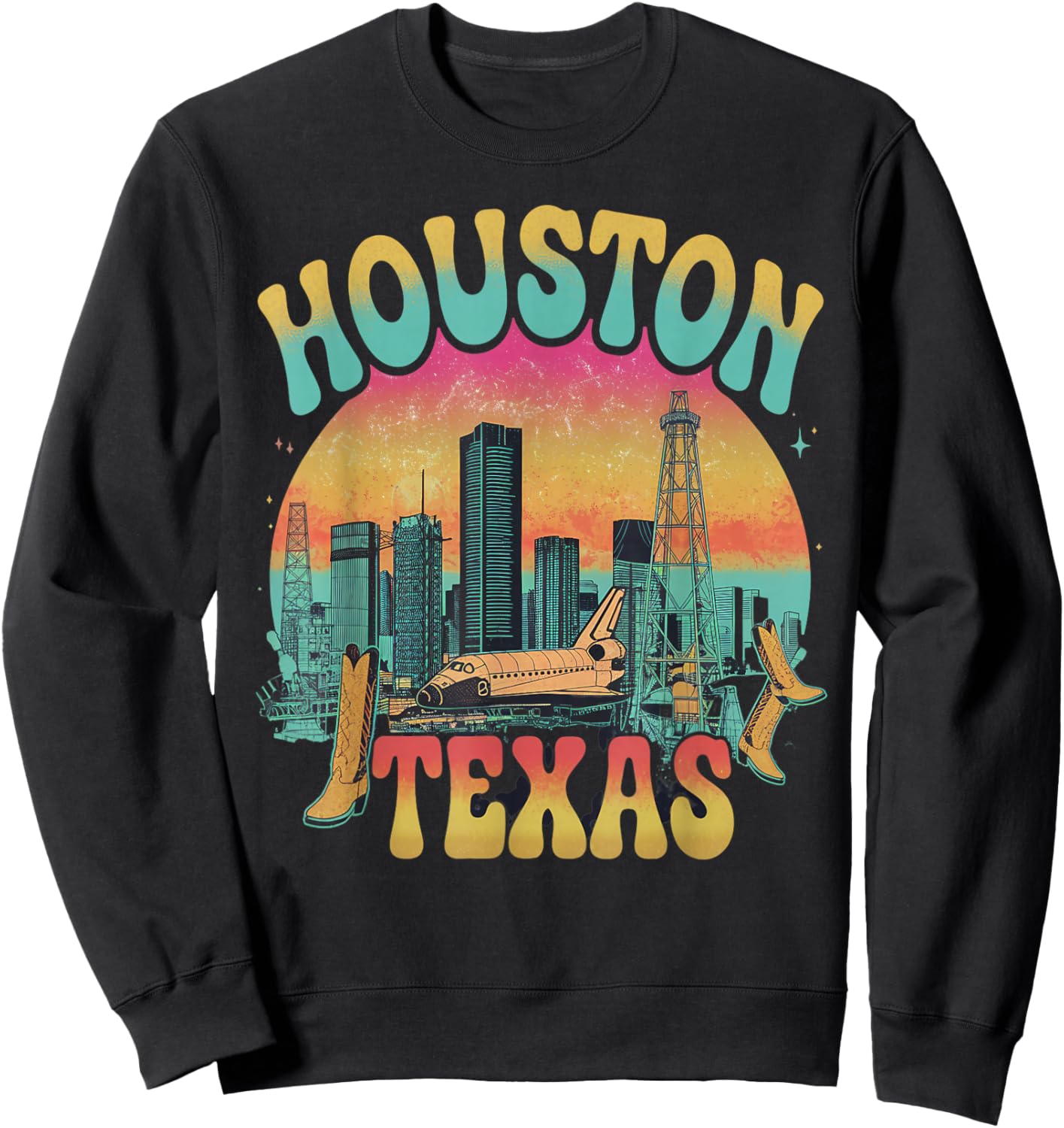 Retro Houston Texas Sunset Skyline Vintage Sweatshirt - Sweatshirt | Black