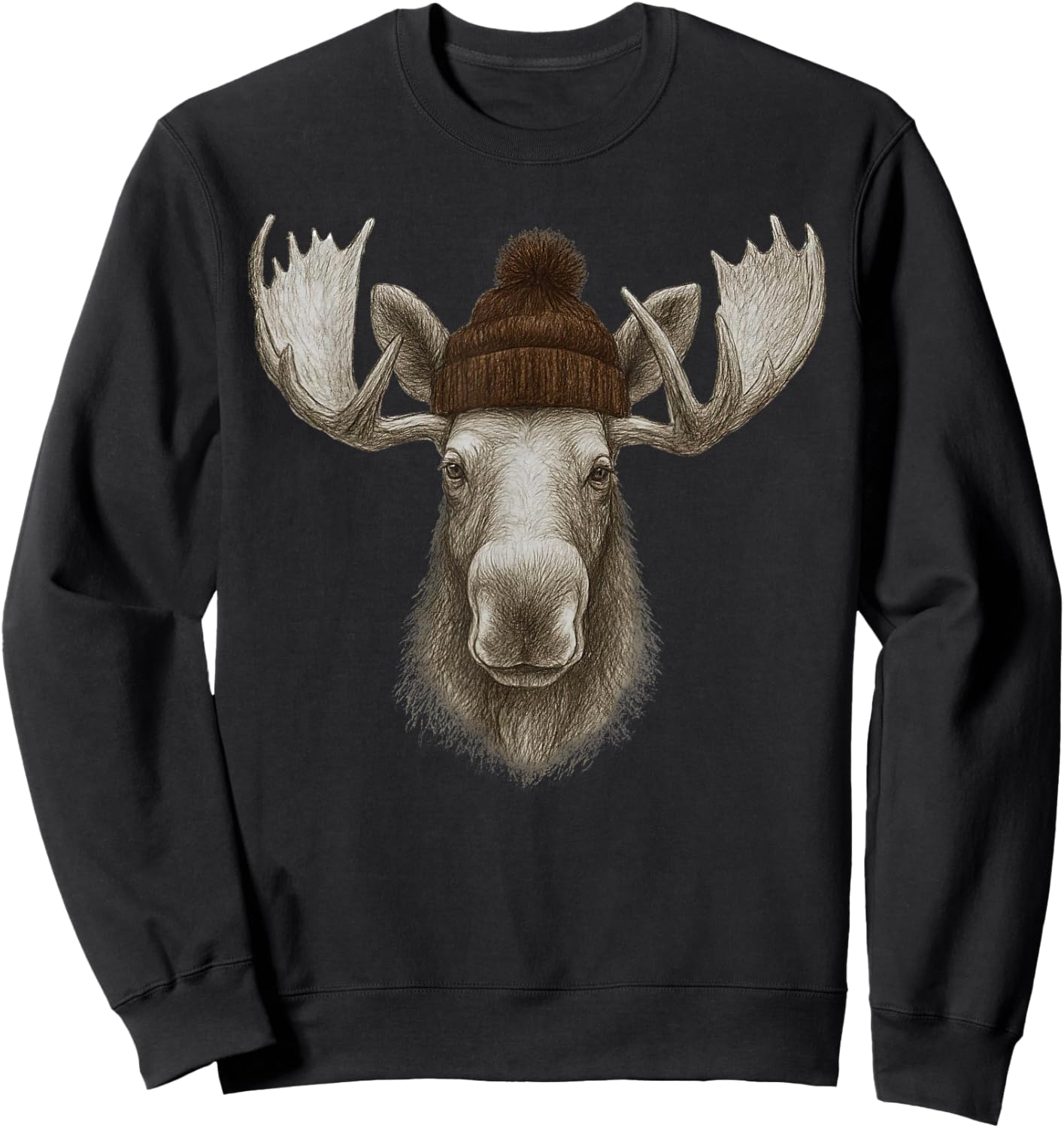 Retro 90s Cute Moose Wearing Beanie Mountain Camping Hiking Sweatshirt - Sweatshirt | Black