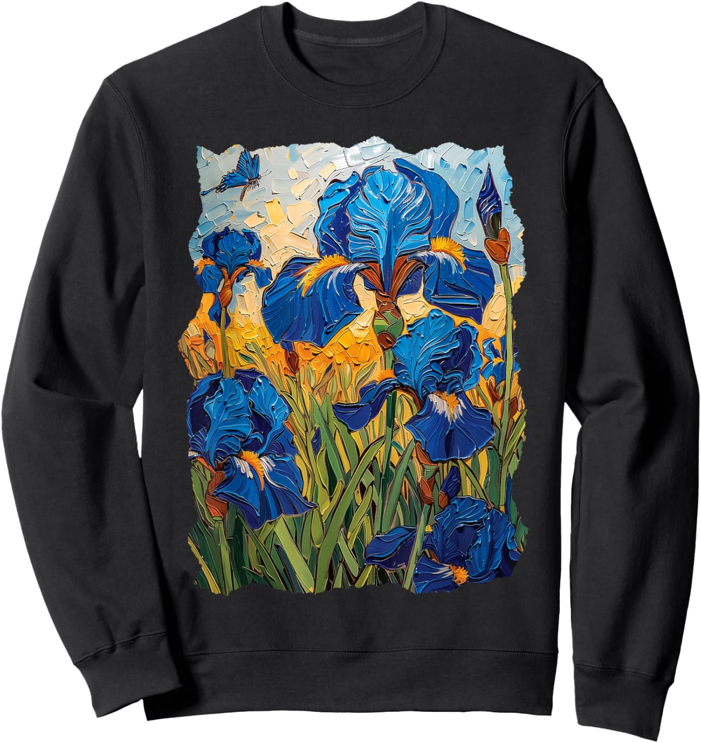 Starry Night Van Gogh Artistic Irises and Butterflies Sweatshirt - Sweatshirt | Black
