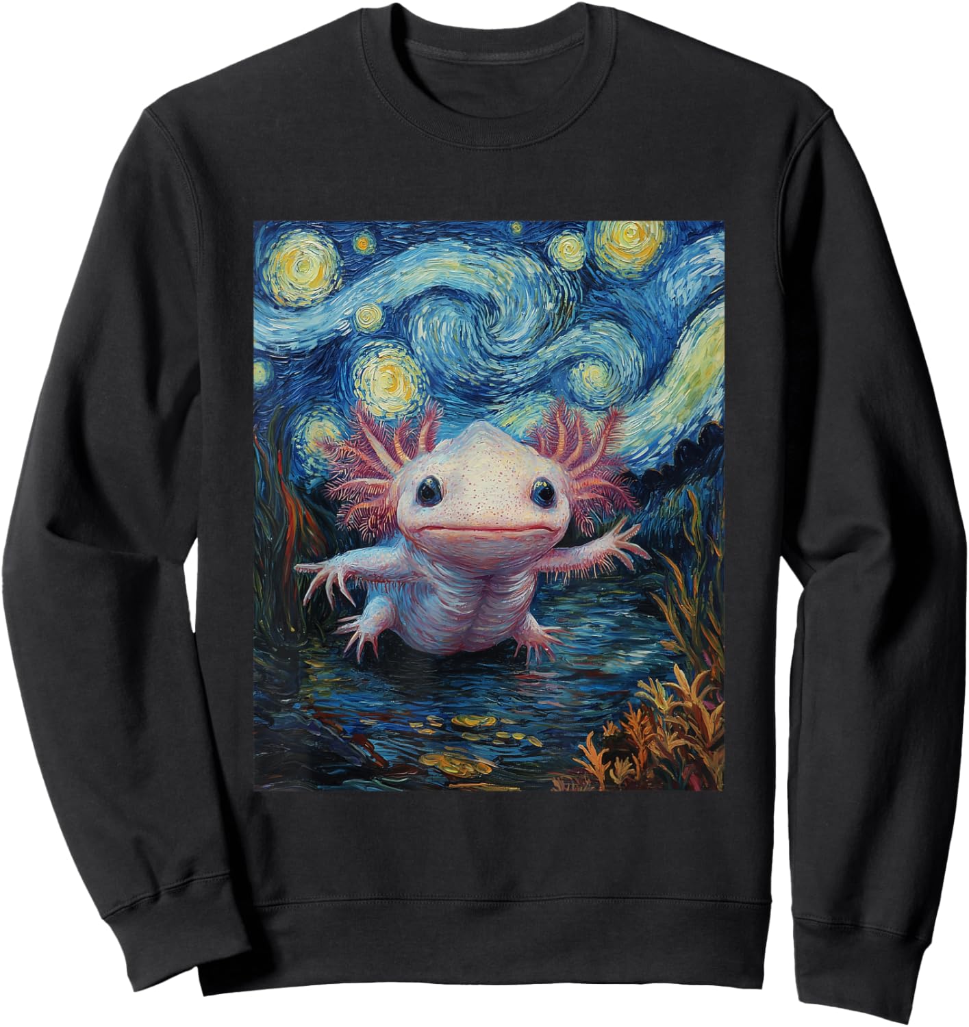 Axolotl Kawaii - Van Gogh Style - Starry Night Graphic Sweatshirt - Sweatshirt | Black