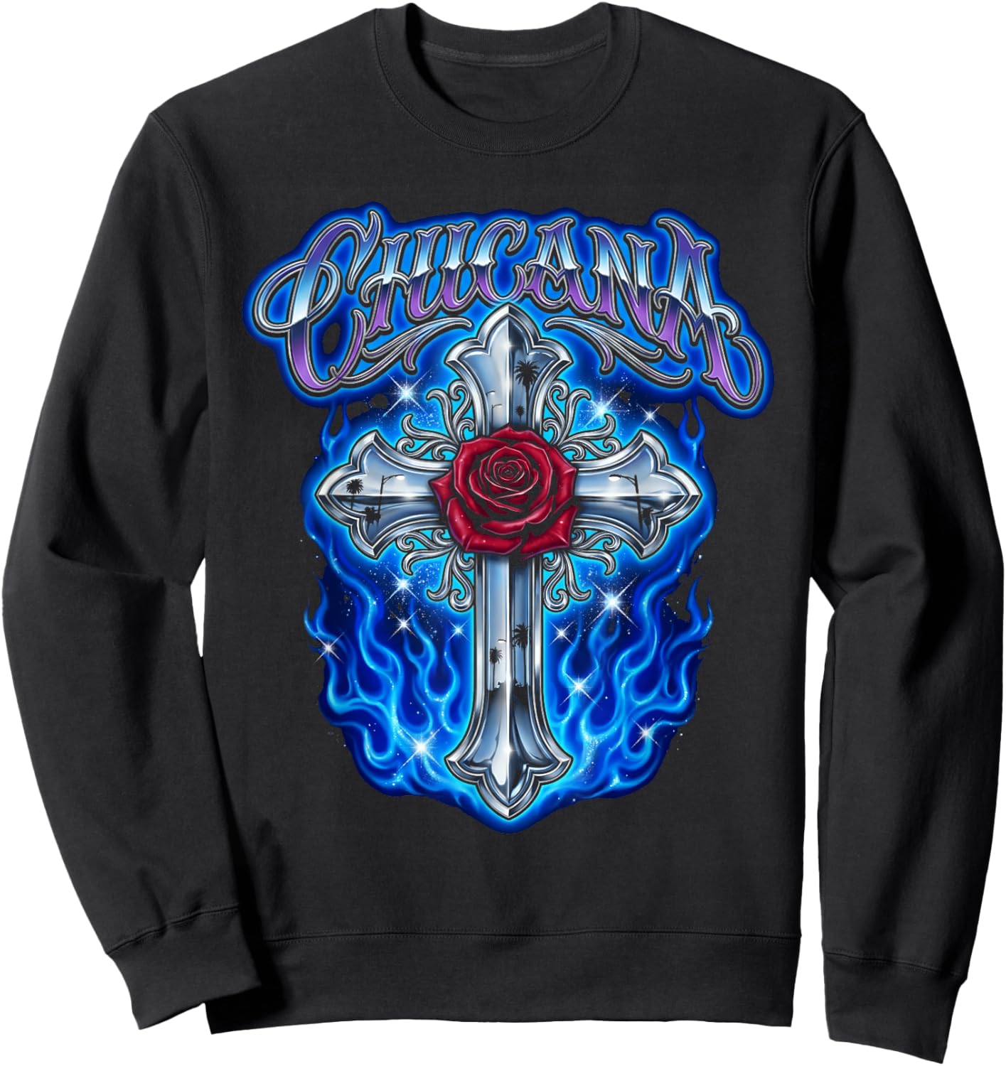 Chicana Lowrider Art Chrome Cross Rose Blue Flames Sweatshirt - Sweatshirt | Black