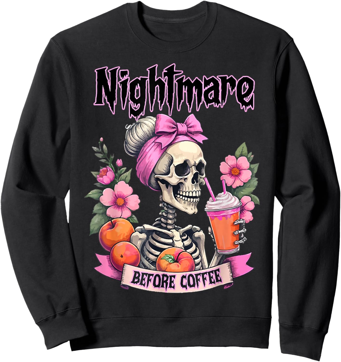 Cute Nightmare Before Coffee Halloween Flower Skeleton Sweatshirt - Sweatshirt | Black