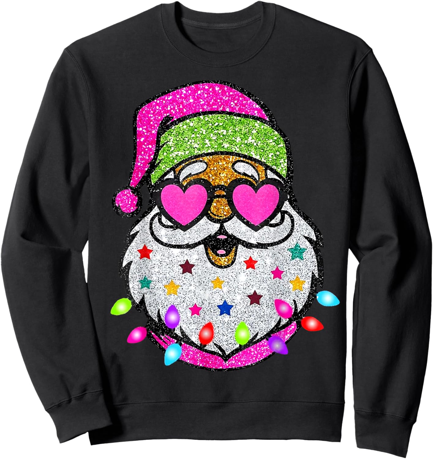 Cute Santa With Sunglasses Christmas Lights Pink Santa Sweatshirt - Sweatshirt | Black