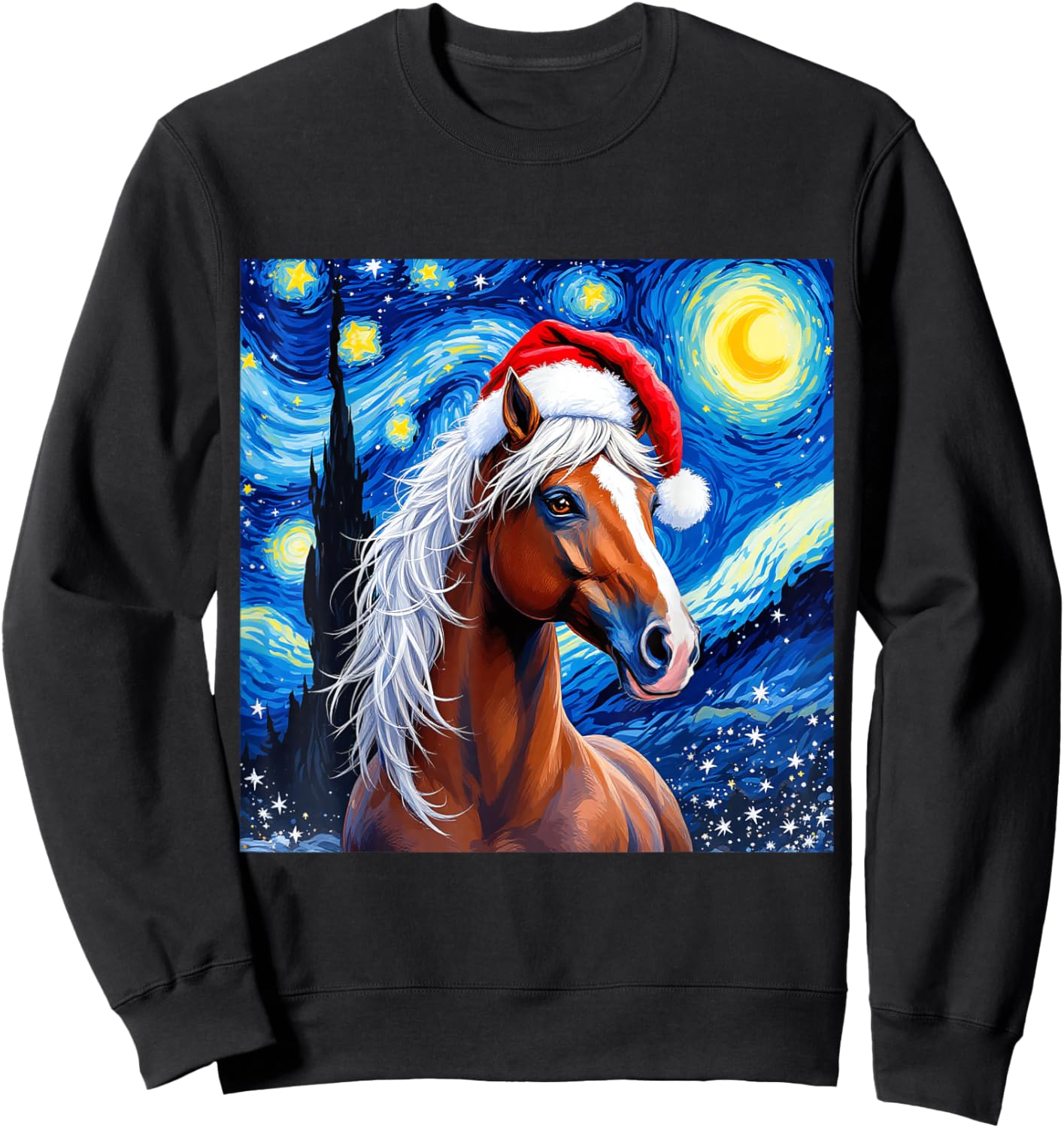 Christmas Horse Santa Hat Van Gogh Starry Night Holiday Sweatshirt - Sweatshirt | Black