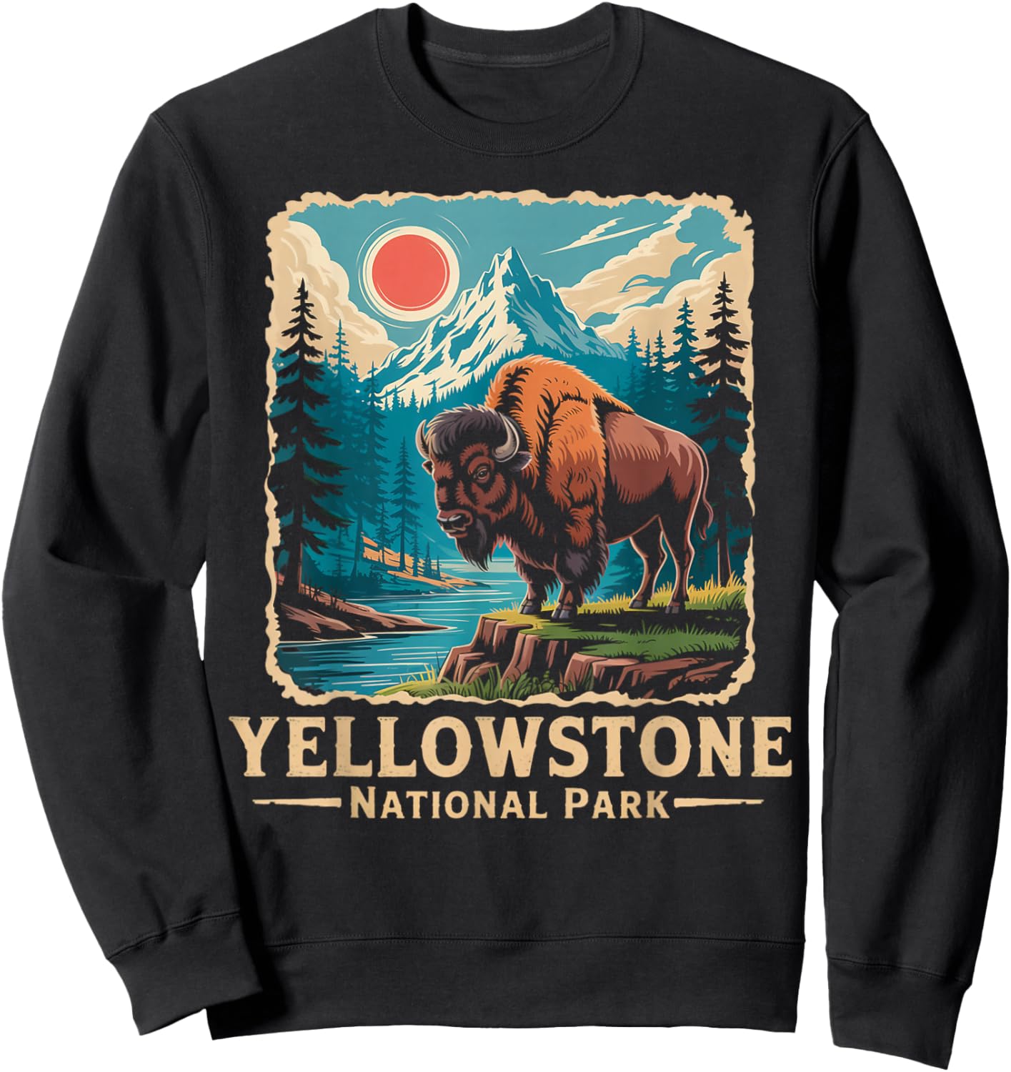 Wyoming Buffalo Bison Vintage Yellowstone National Park Sweatshirt - Sweatshirt | Black