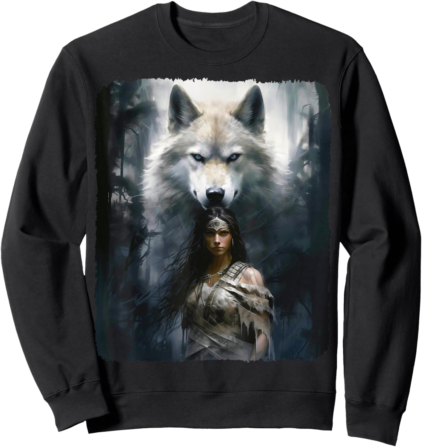 Warrior Woman with a White Wolf Fantasy Sweatshirt - Sweatshirt | Black