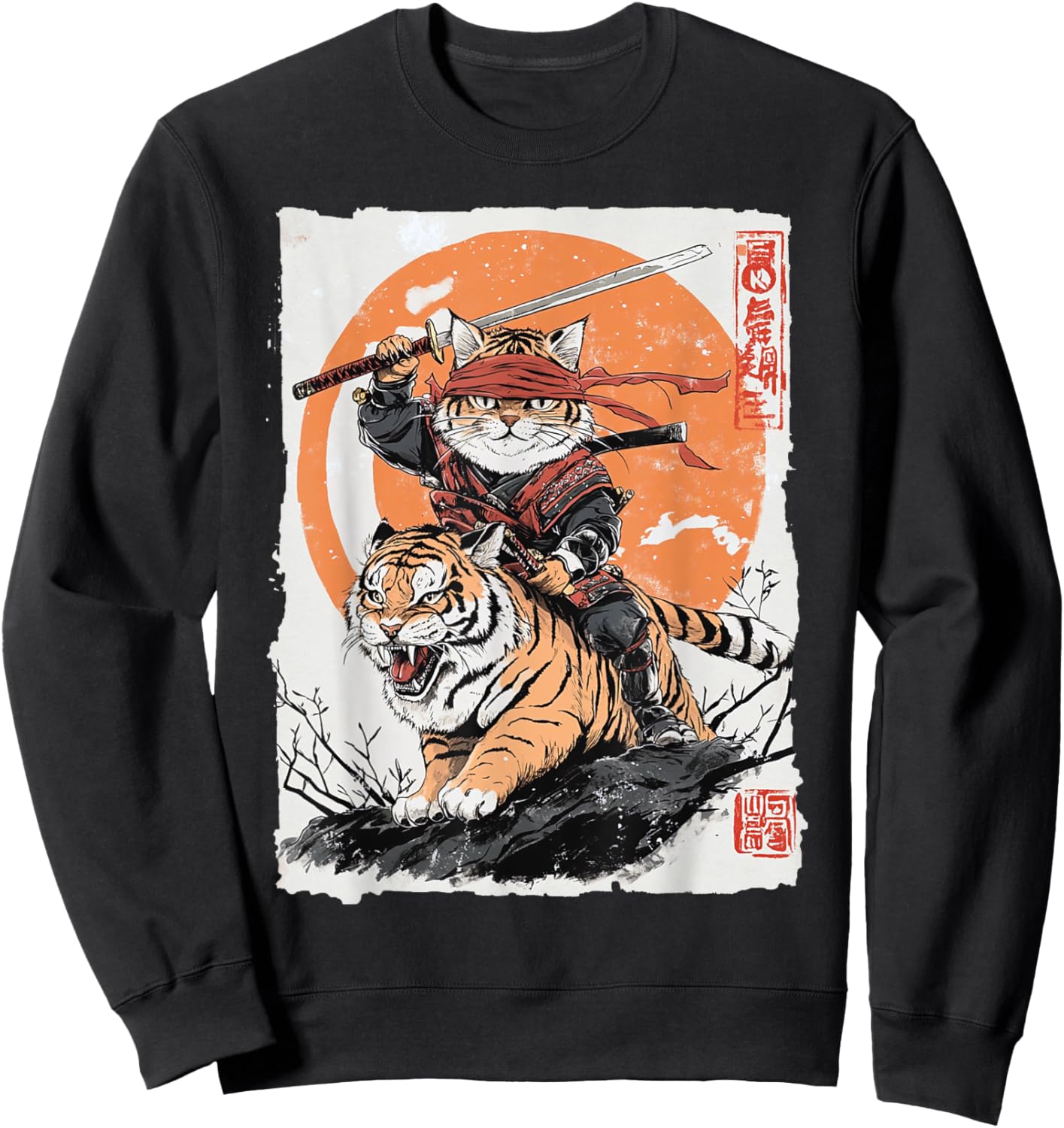 Ninja Cat Riding Tiger - Japanese Samurai Art Vintage Style Women Kids Sweatshirt - Sweatshirt | Black