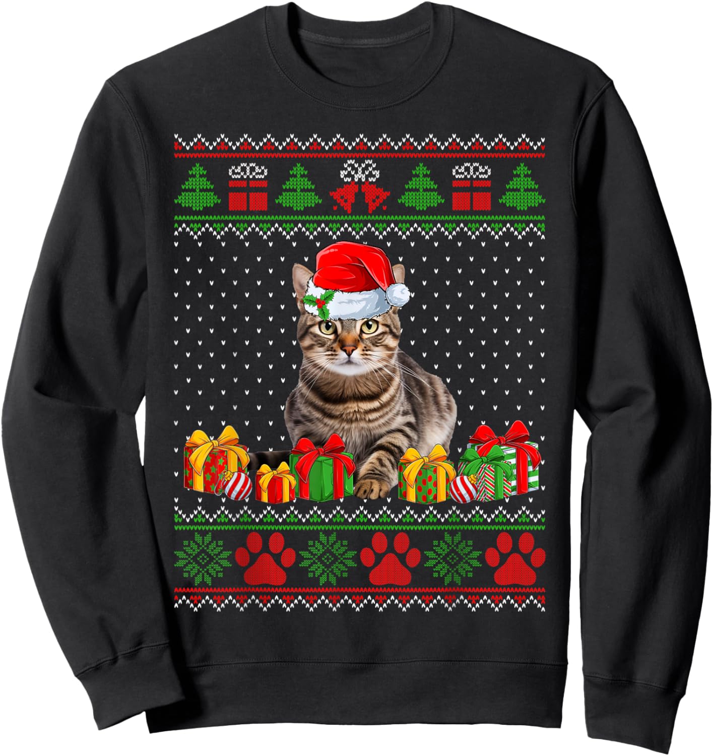 Funny Tabby Cat Santa Hat Ugly Christmas Sweater Xmas PJS Women Kids Sweatshirt - Sweatshirt | Black