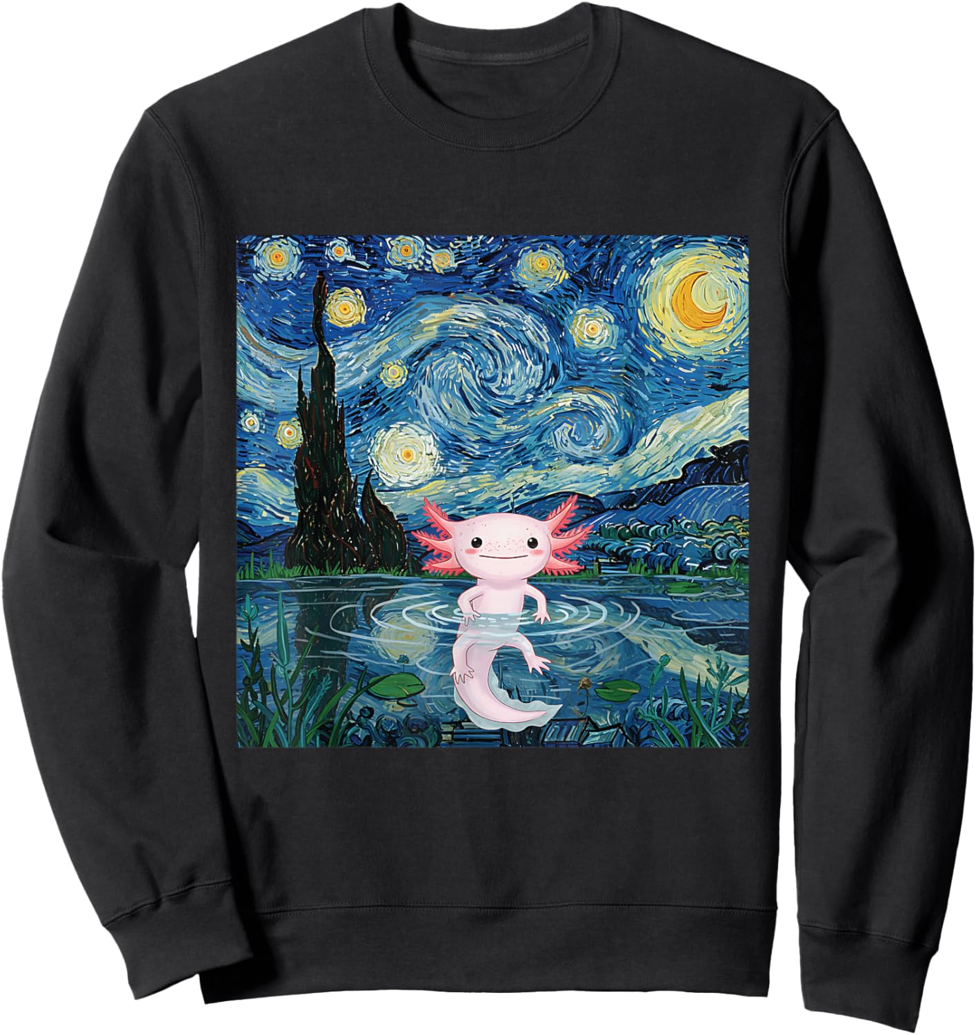 Adorable Axolotl Kawaii Van Gogh Style Starry Night Graphic Sweatshirt - Sweatshirt | Black