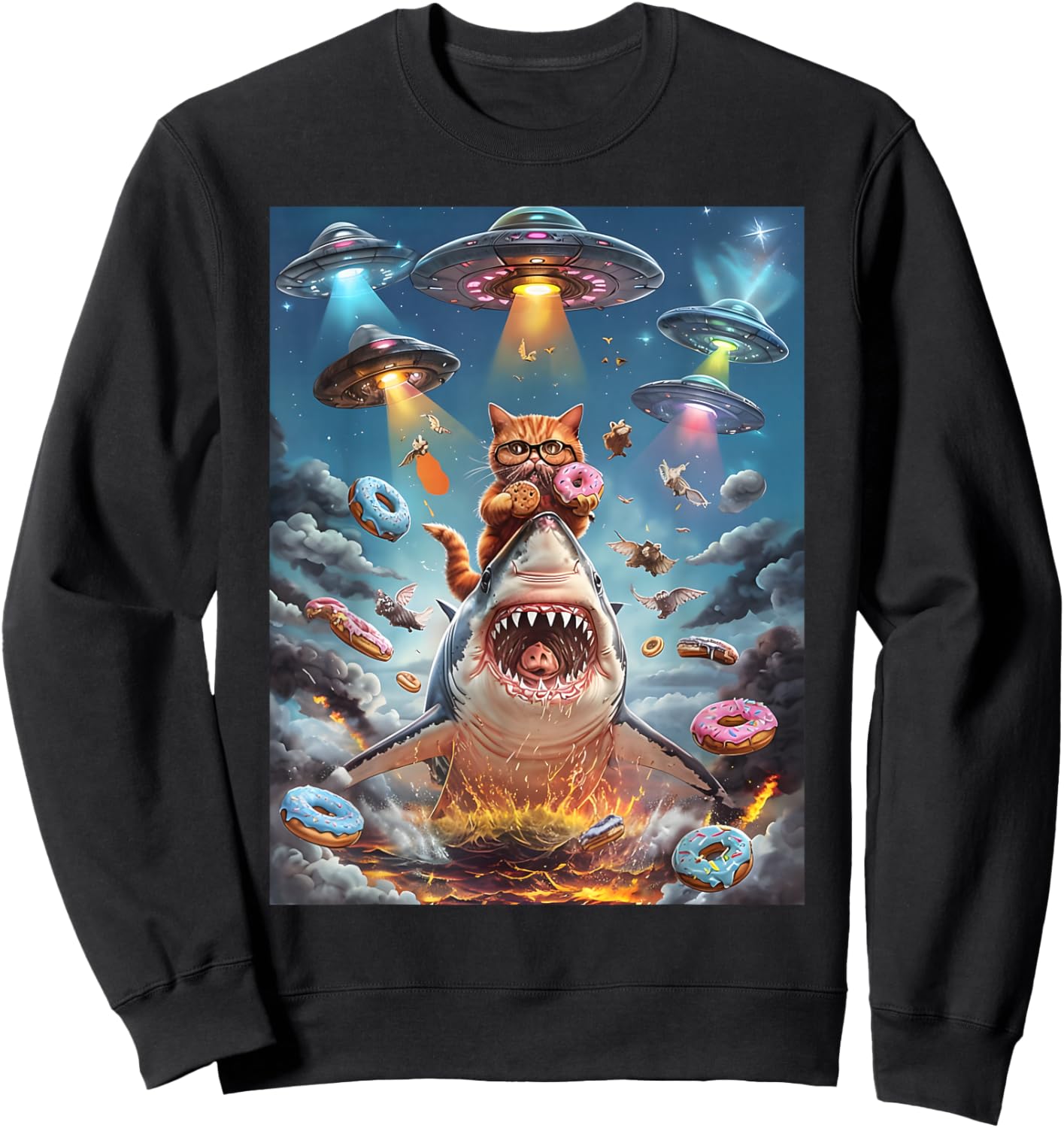 Funny Cat Riding Fire Breathing Shark Rainbow Birthday Kids Sweatshirt - Sweatshirt | Black