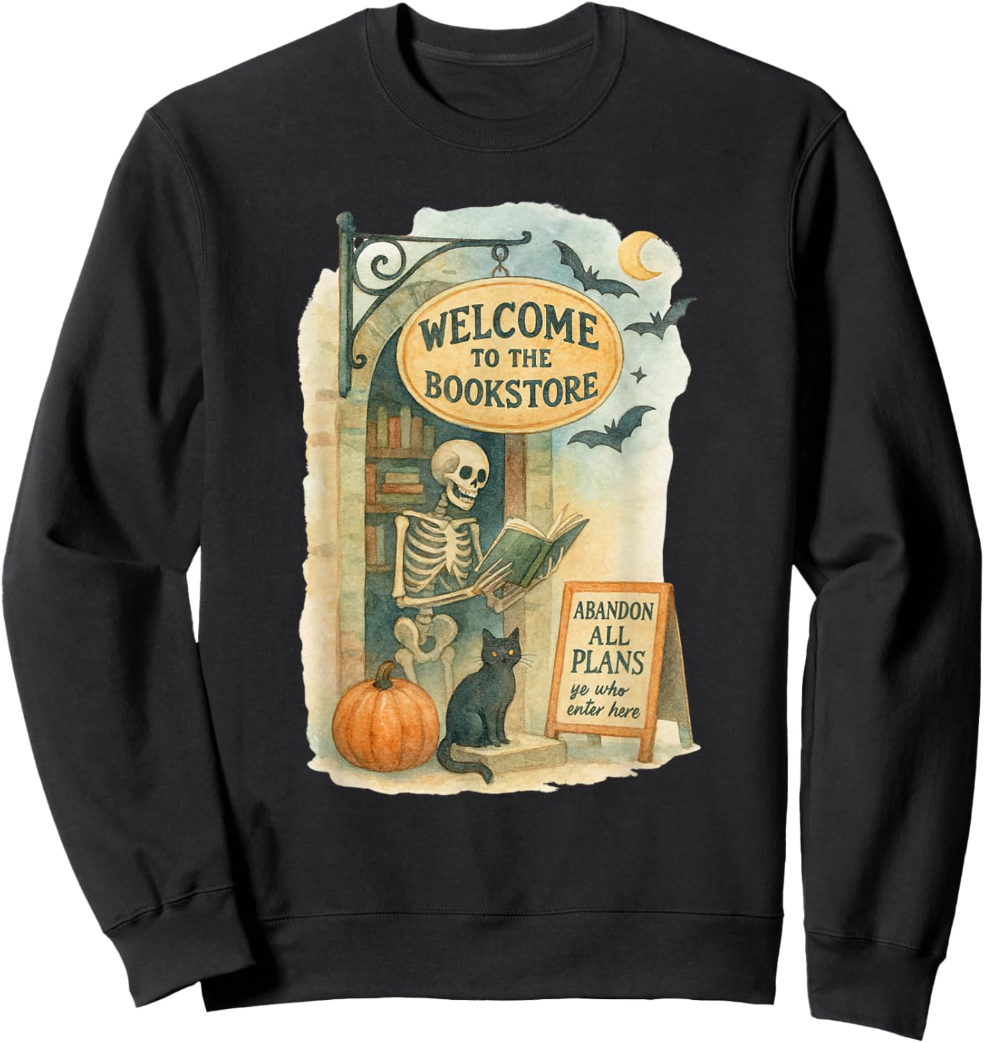 Welcome to The Bookstore Spooky Skeleton Halloween Sweatshirt - Sweatshirt | Black
