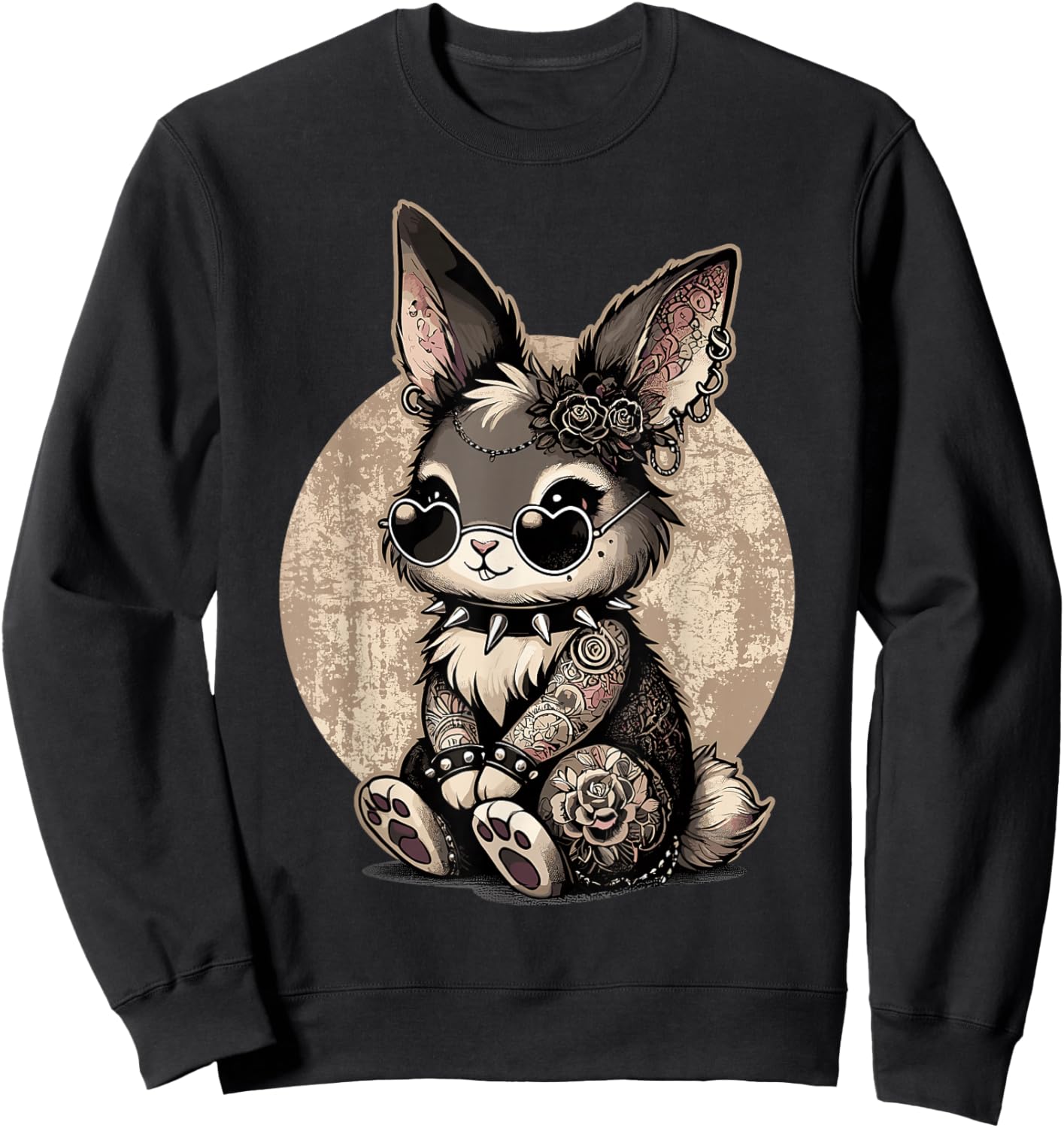 Gothic Bunny with Tattoos & Spiked Collar Sweatshirt - Sweatshirt | Black