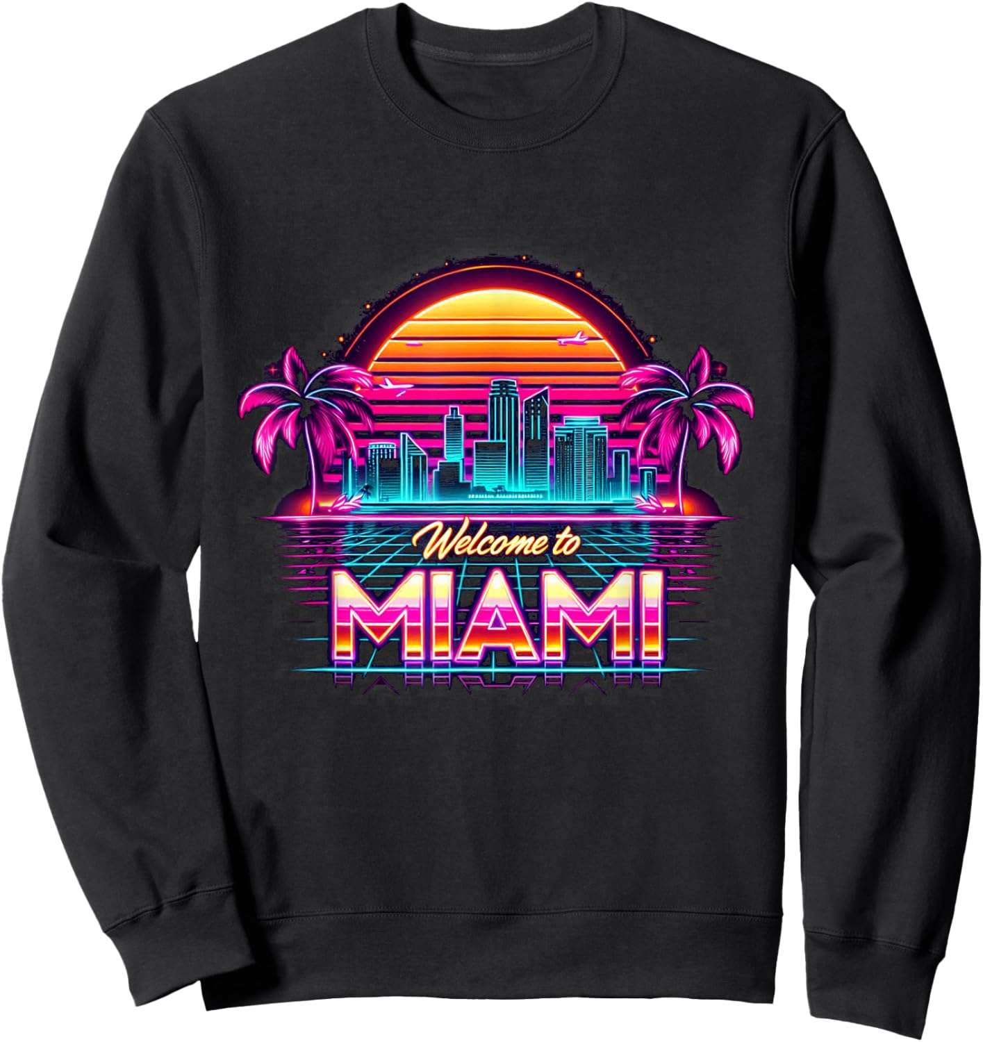 Miami Vibes Apparel Co. Skyline der Urlaubsstadt Miami Beach im Retro-Stil bei Sonnenuntergang in Schwarz, , Kurzarm, , Small Sweatshirt - Sweatshirt | Black