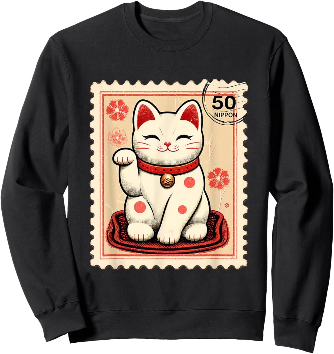 Maneki Neko Japanese Kawaii Lucky Cat Stamp Retro Aesthetic Sweatshirt - Sweatshirt | Black