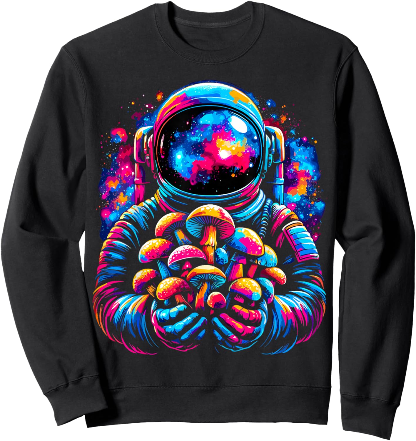 Astronaut Holding Mushroom in Space Galaxy Sweatshirt - Sweatshirt | Black