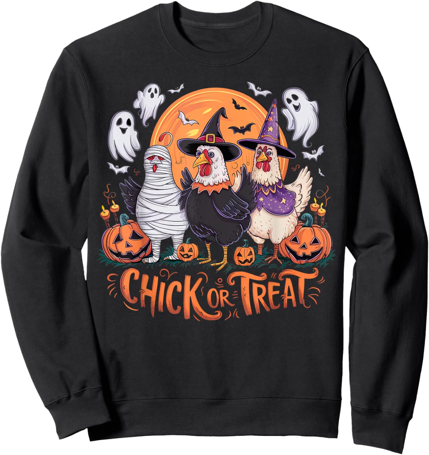 Halloween Chick Or Treat Pumpkin Spooky Witch Chicken Farmer Sweatshirt - Sweatshirt | Black