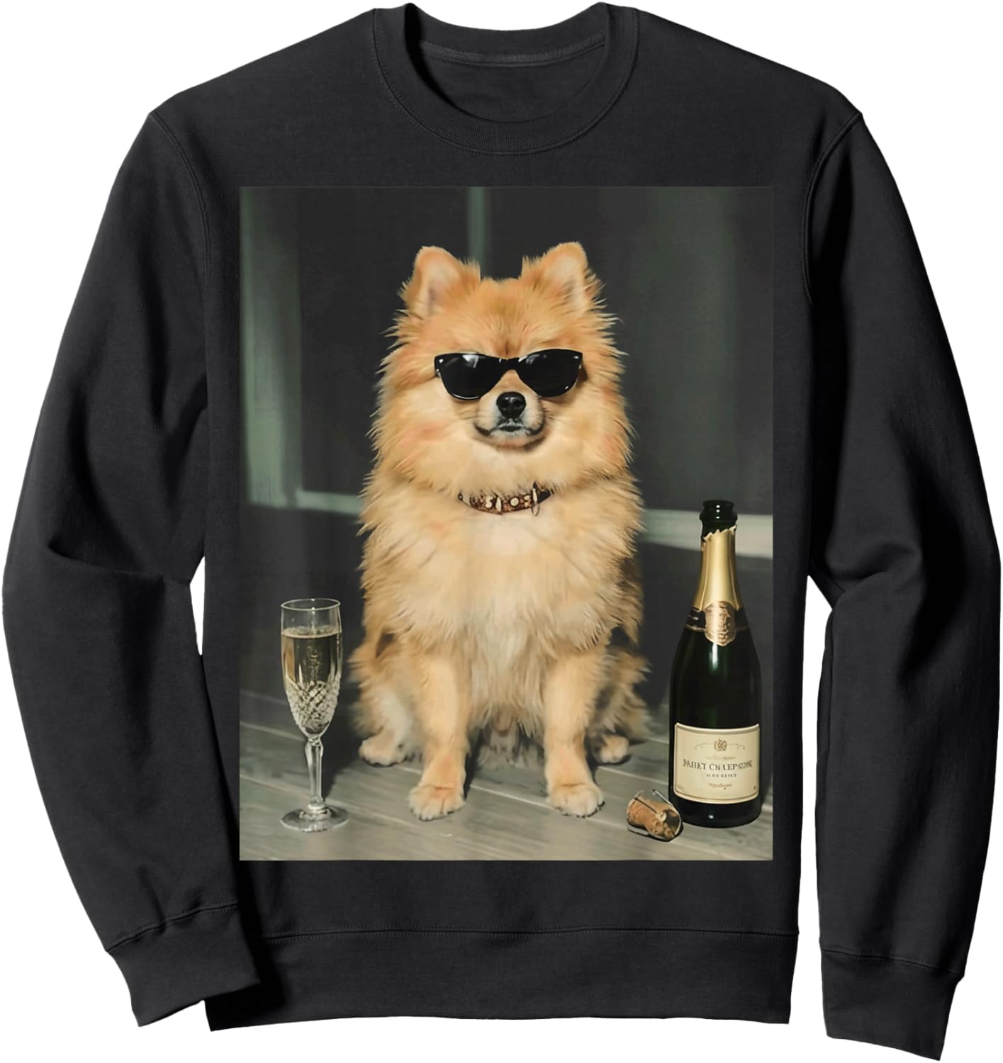 Pomeranian Drinking Champagne Funny Dog Meme Art Vintage Sweatshirt - Sweatshirt | Black