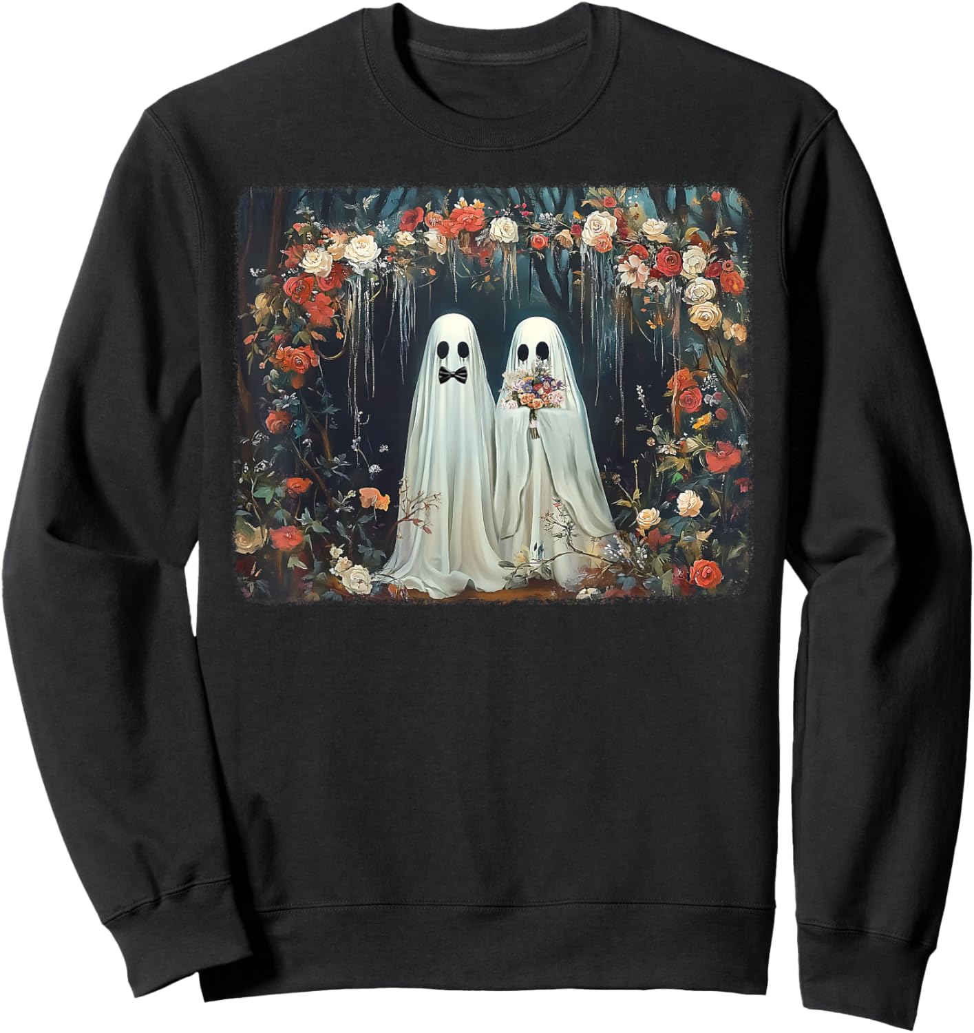 Halloween Floral Ghost Just Married Wedding Groom Bride Sweatshirt - Sweatshirt | Black