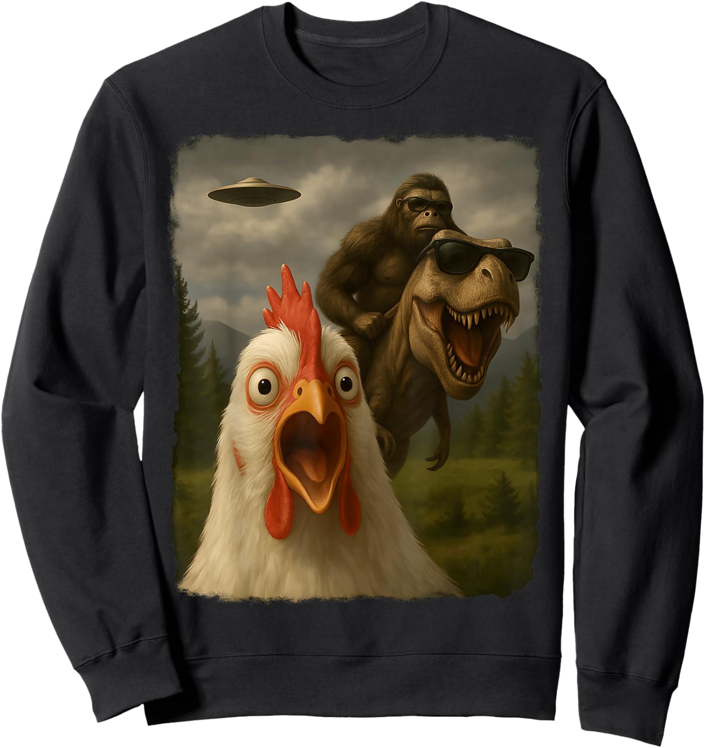 Funny Chicken Selfie Bigfoot Sasquatch Riding T-Rex UFO Sweatshirt - Sweatshirt | Black