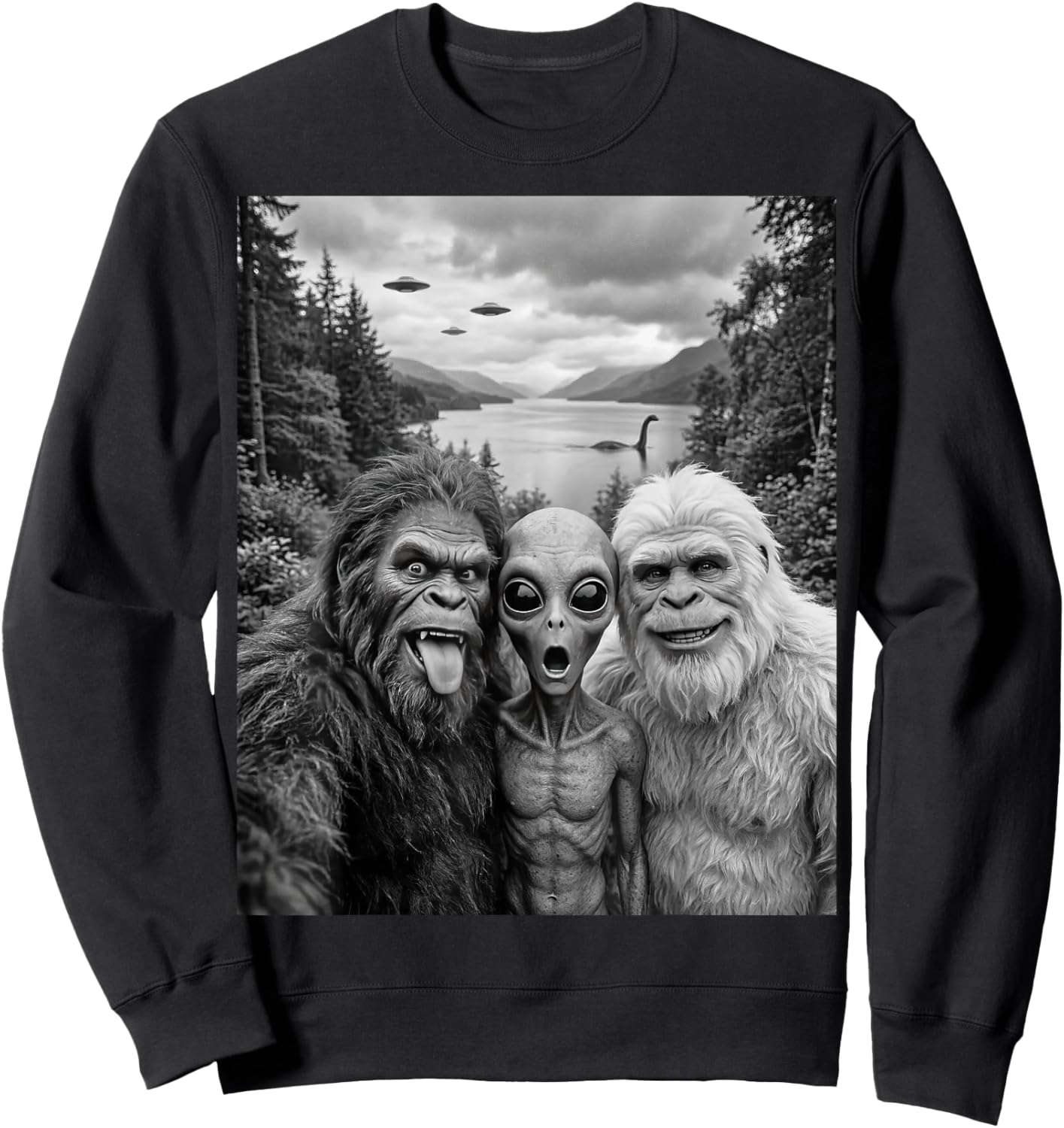 Bigfoot Alien Loch Ness Monster UFO Selfie Funny Cryptid Art Sweatshirt - Sweatshirt | Black