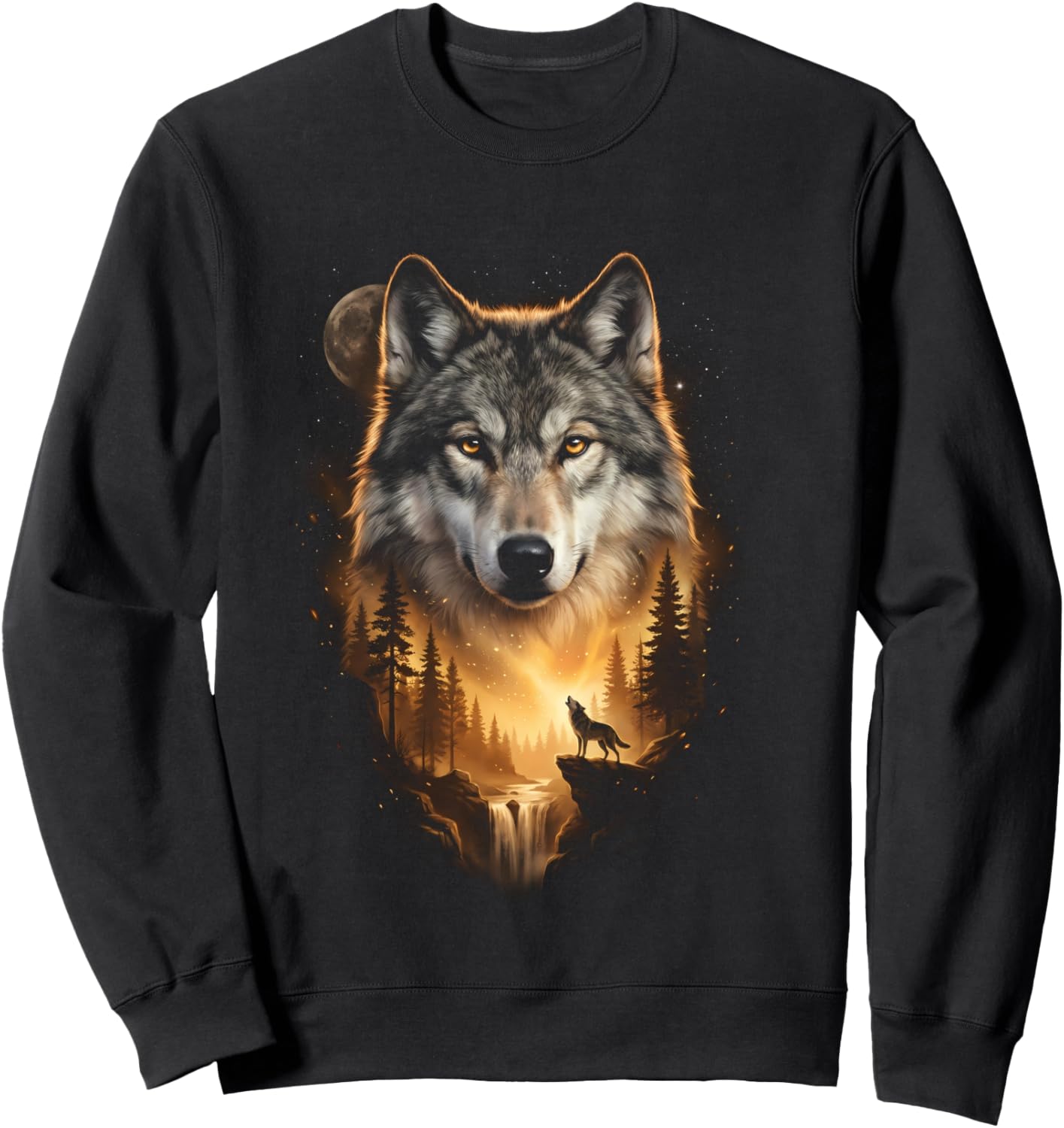 Motif de Loup Hurlant à la Lune Fantasy Art Forest Graphic Manche Longue Sweatshirt - Sweatshirt | Black
