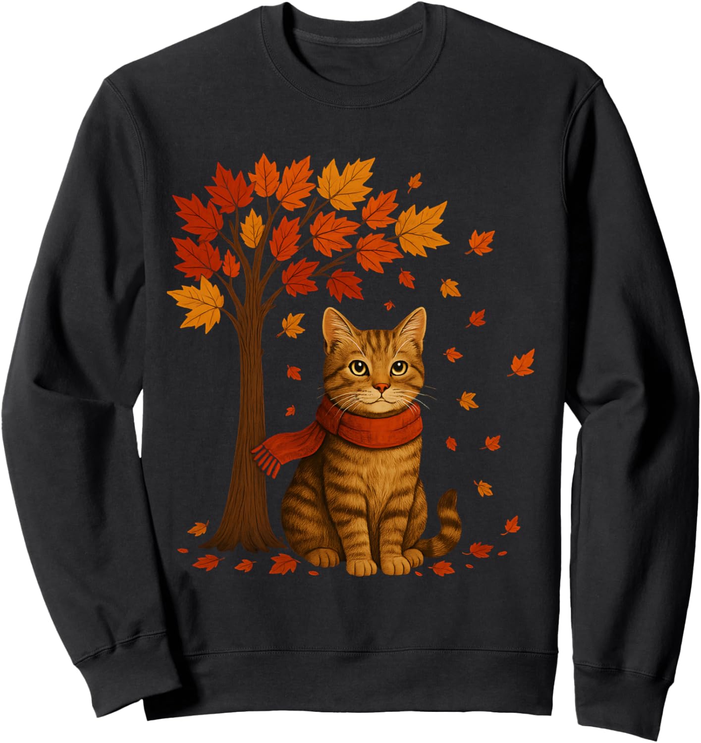 Autumn Cat Illustration with Falling Leaves for Everyone Sweatshirt - Sweatshirt | Black