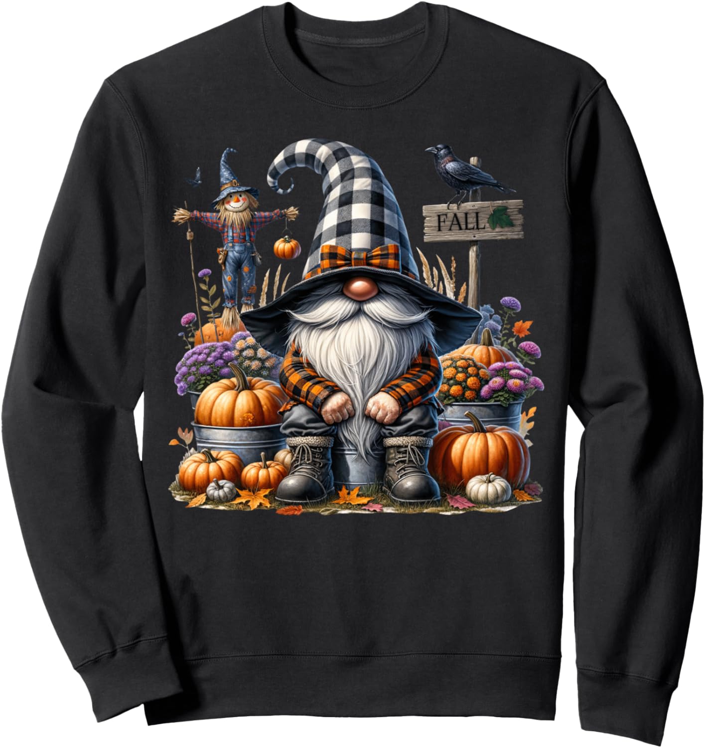 Floral Autumn Gnome With Scarecrow Raven And Fall Pumpkins Sweatshirt - Sweatshirt | Black