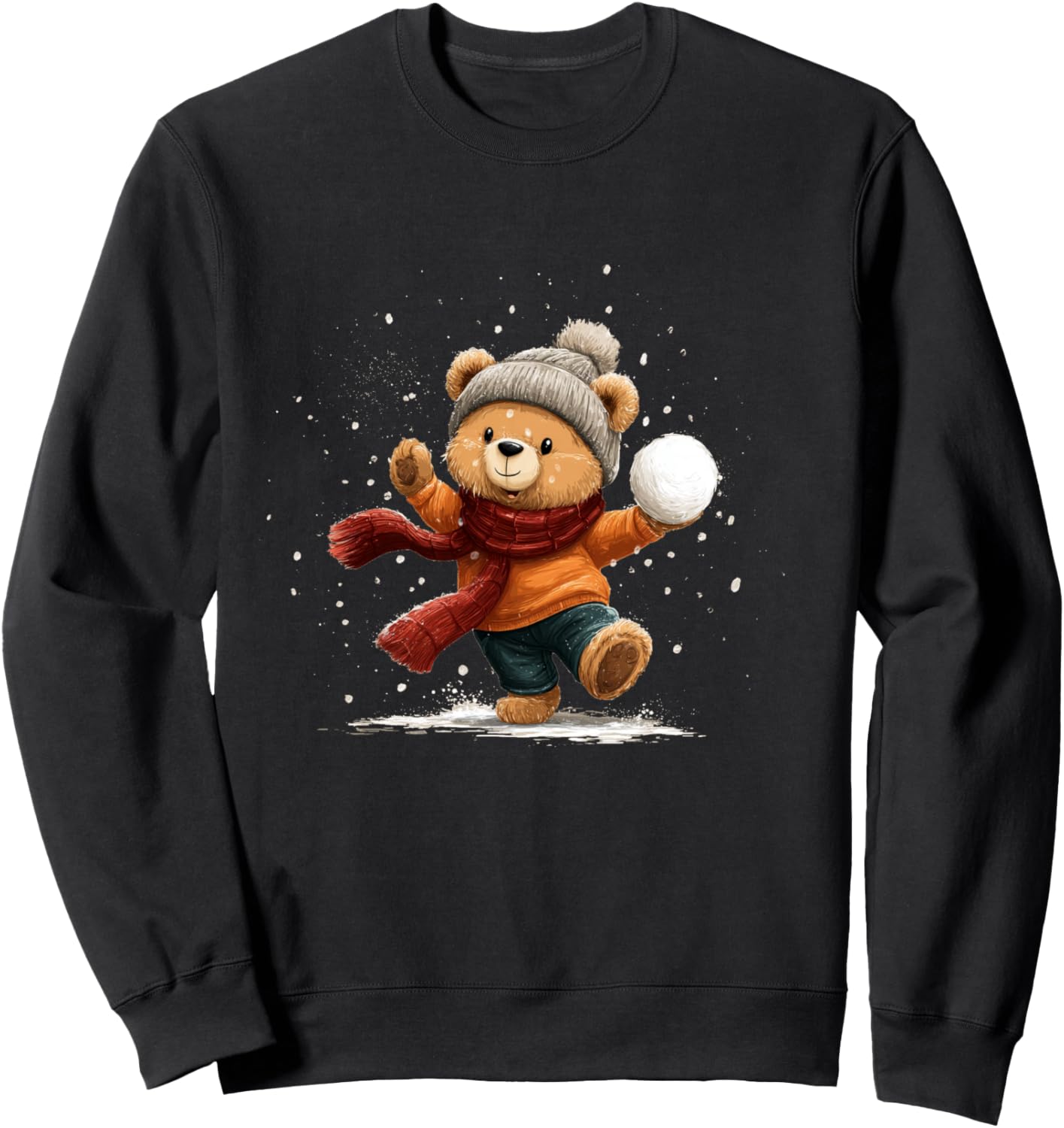 Joli Ours en Peluche avec Chapeau d'hiver et châle pour batailles de Boules de Neige Manche Longue Sweatshirt - Sweatshirt | Black