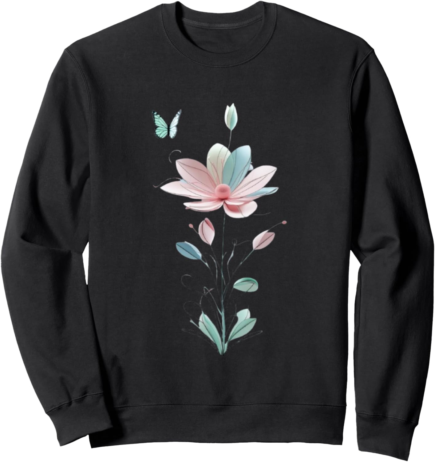 Unisexe pour Homme et Femme avec Motif Fleur et Papillon Manche Longue Sweatshirt - Sweatshirt | Black