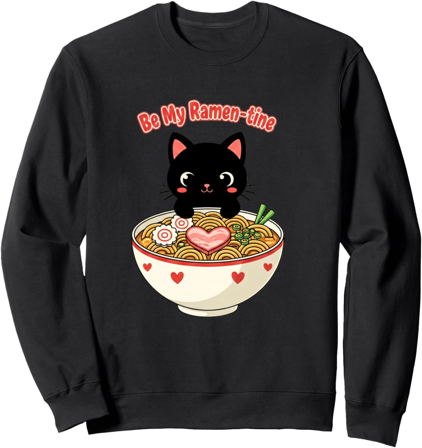 Chat Mangeant Ramen Mignon Saint-Valentin Japonais Manche Longue Sweatshirt - Sweatshirt | Black
