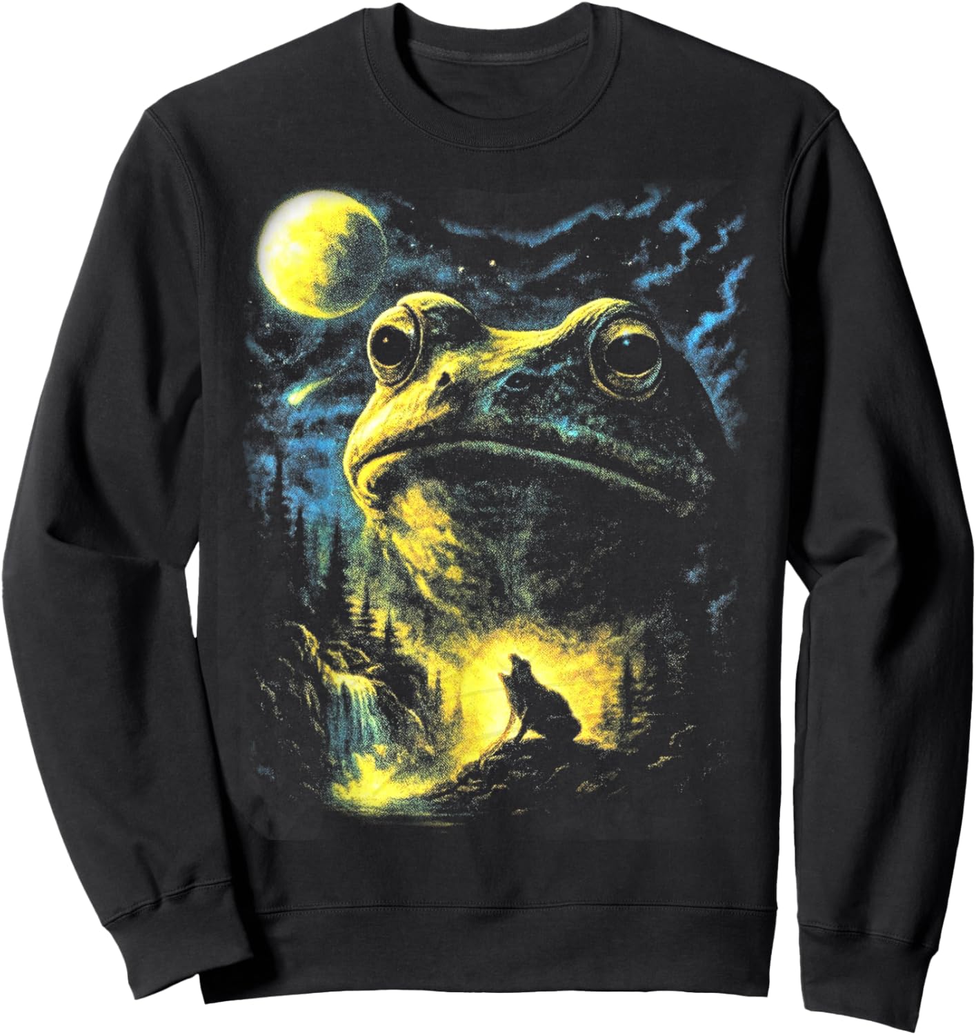 Retro Frog and Wolf Nature Scene, Full Moon Forest Lover Sweatshirt - Sweatshirt | Black