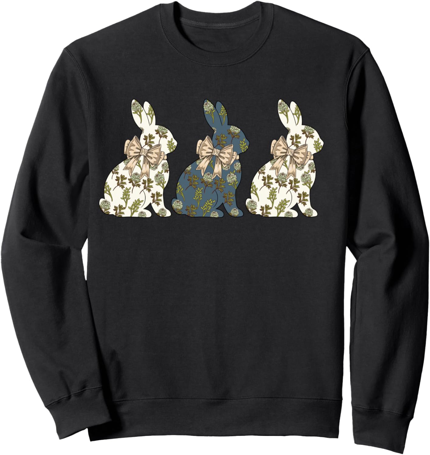 Happy Easter Bunny Floral Chinoiserie Toile Rabbit Coquette Manche Longue Sweatshirt - Sweatshirt | Black