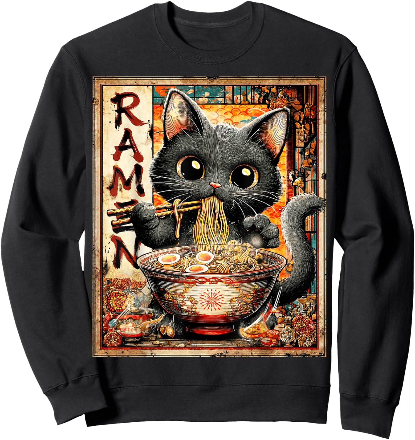 Funny Ramen Cat Anime Otaku Noodles Graphic Sweatshirt - Sweatshirt | Black