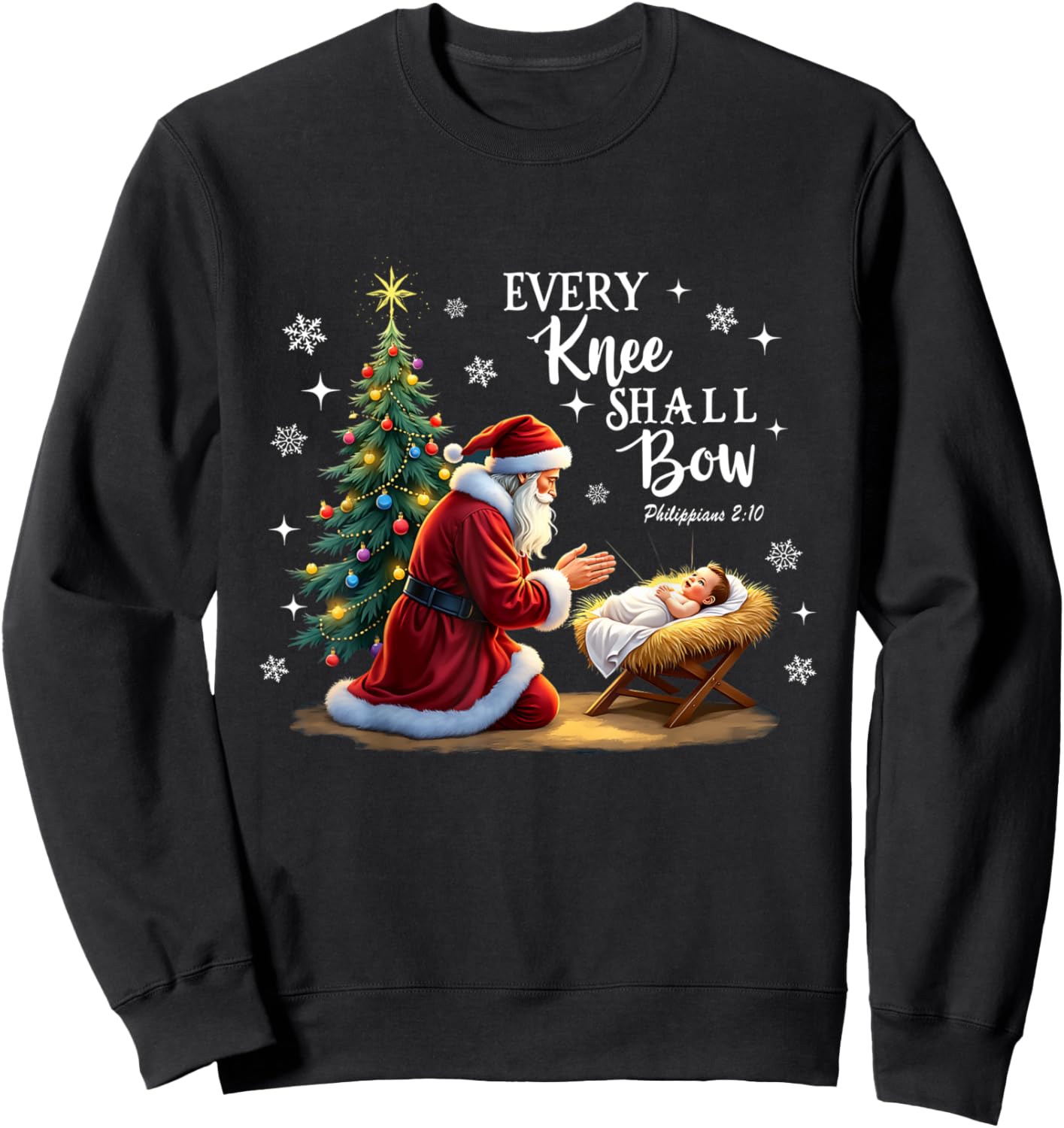 Every Knee Shall Bow, Manger Scene, Kneeling Santa Christmas Sweatshirt - Sweatshirt | Black