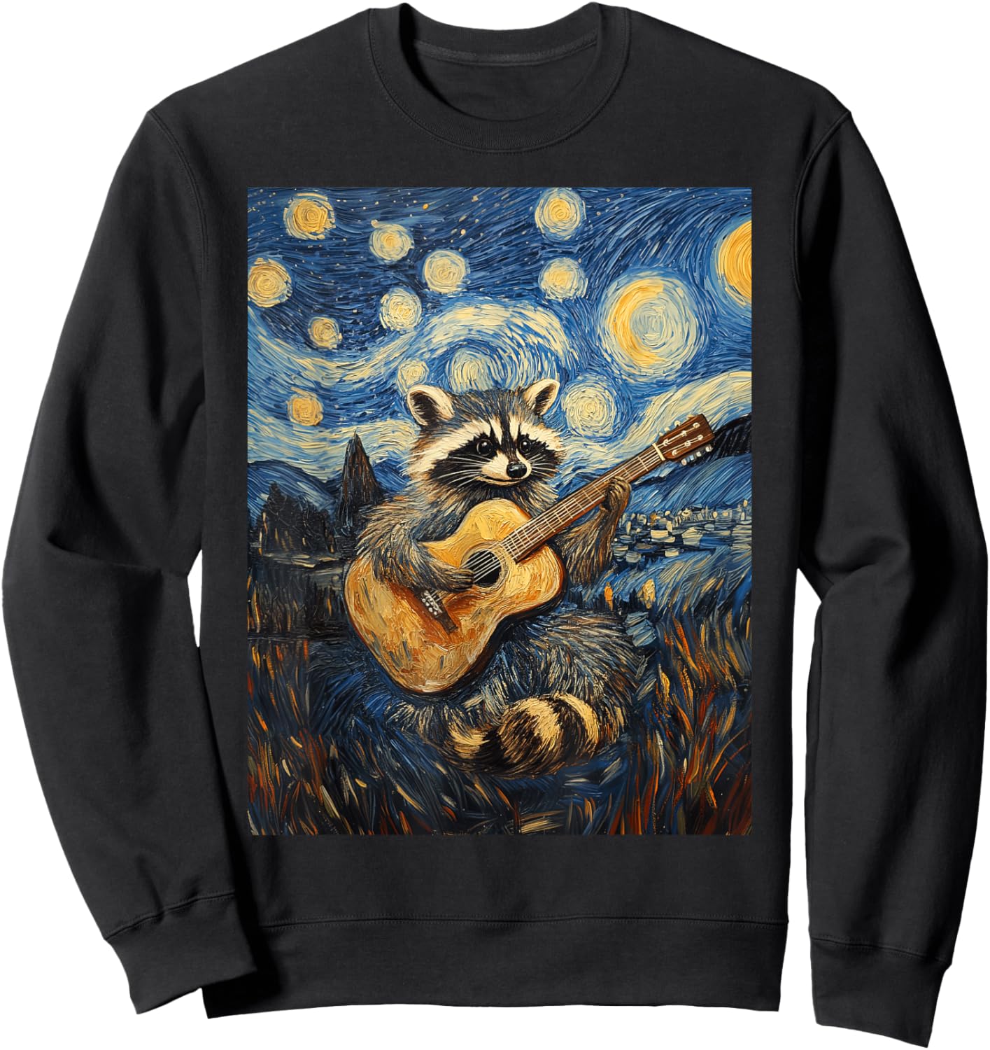 Funny Raccoon Play Guitar Guitarist Starry Night Van Gogh Sweatshirt - Sweatshirt | Black