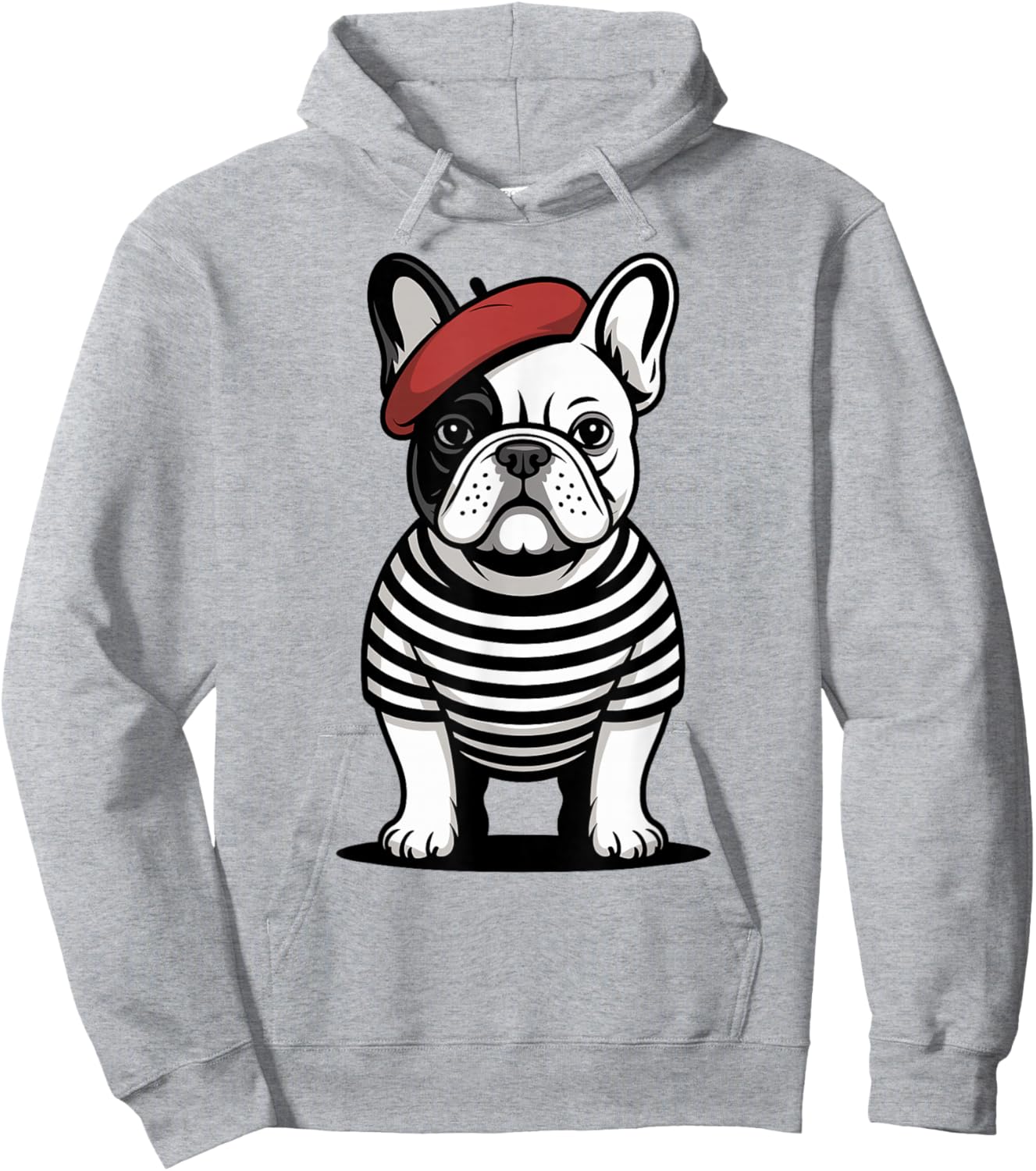 Cute French Bulldog in Striped Shirt, Red Beret Frenchie Dog Hoodie - Hoodie | Ash