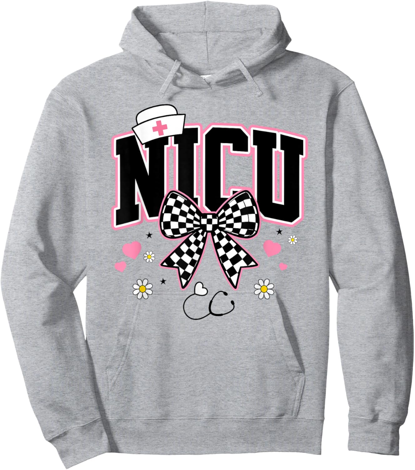 NICU Bow Certified Nursing Checkered Neonatal Care Women Hoodie - Hoodie | Ash